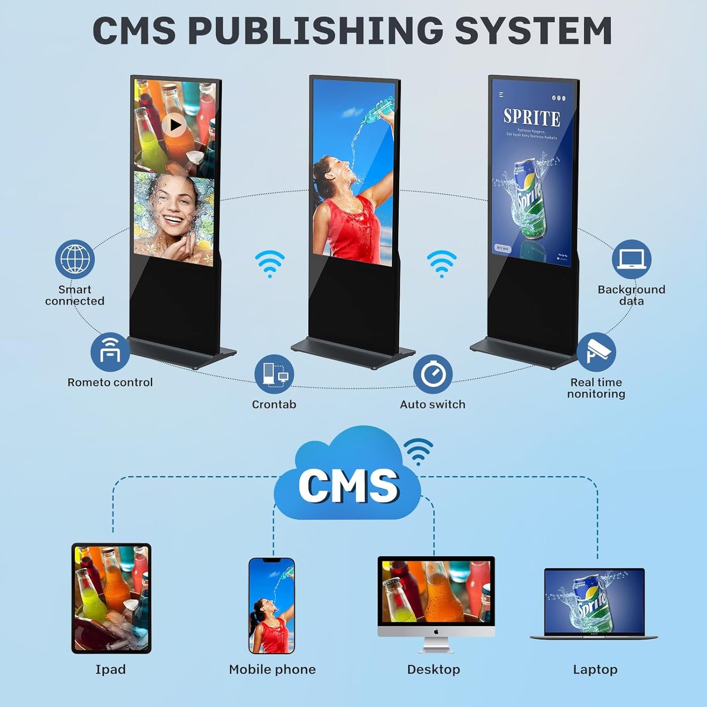 HLEC 43'' Indoor Floor-Standing Digital Signage Interactive Display, 4K NonTouch-Screen Advertising Display LCD Kiosk, Commercial Android Smart System, CMS Software, HDMI/USB Input＆Out/WiFi(4+64G)