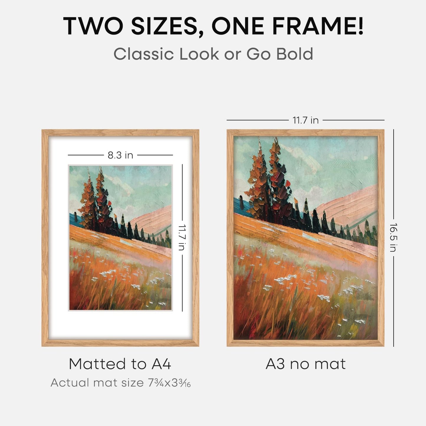 Homeforia A3 Picture Frame Wood, High-End Natural Oak 11.7 x 16.5 Wooden Poster Frames Matted to 8.3 by 11.7 Photo, A3 Size Light Wooden Frame with Mat A4 for Print, Tempered Glass, Wall Kit, Set of 1
