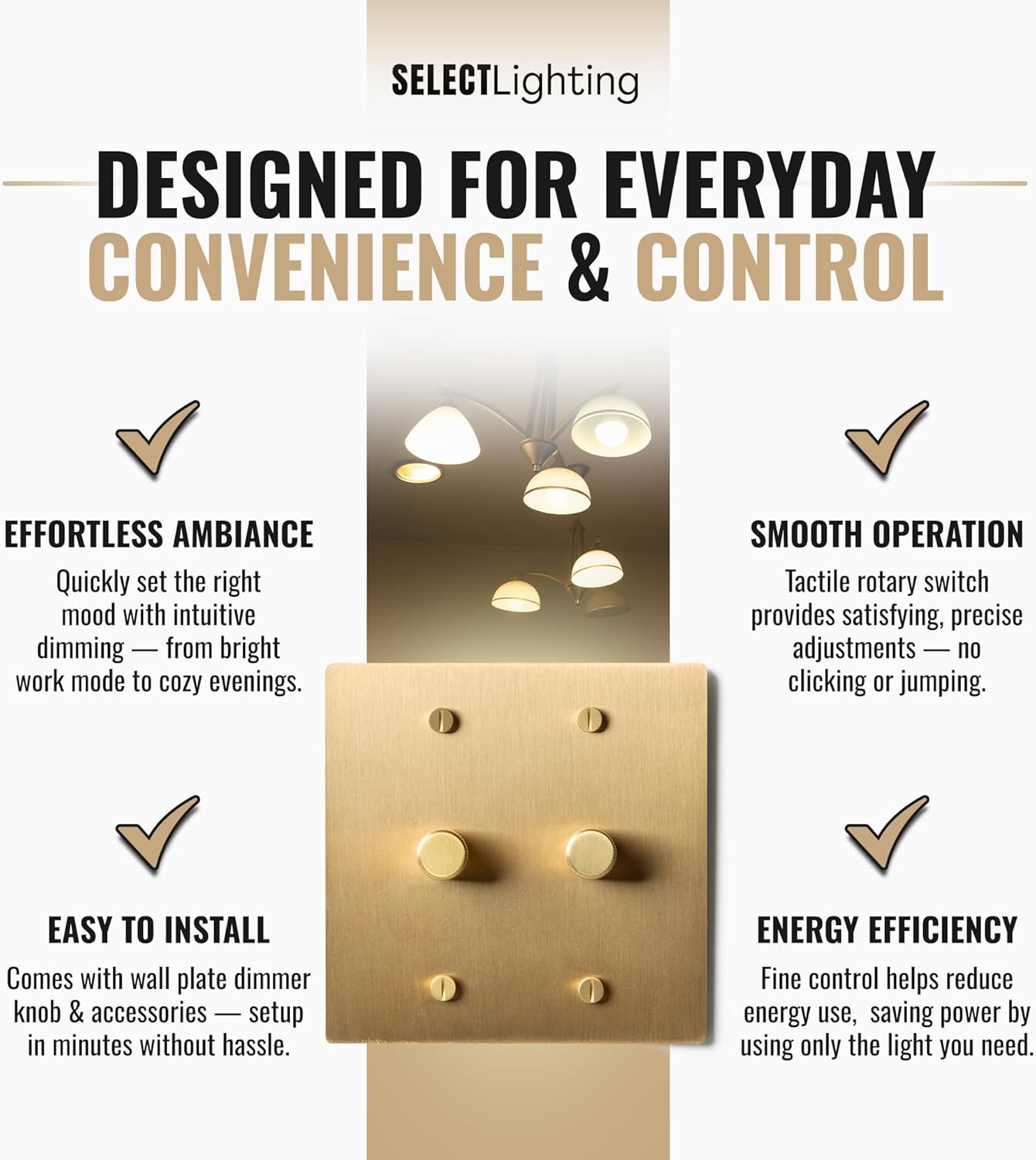 2-Gang Satin Solid Brass Rotary Dimmer Switch, 15A 120V AC Wall Mount, TRIAC/Leading Edge 1-Way Compatible, Dimmable LED Light Control with Knob, Faceplate & Dimming Module