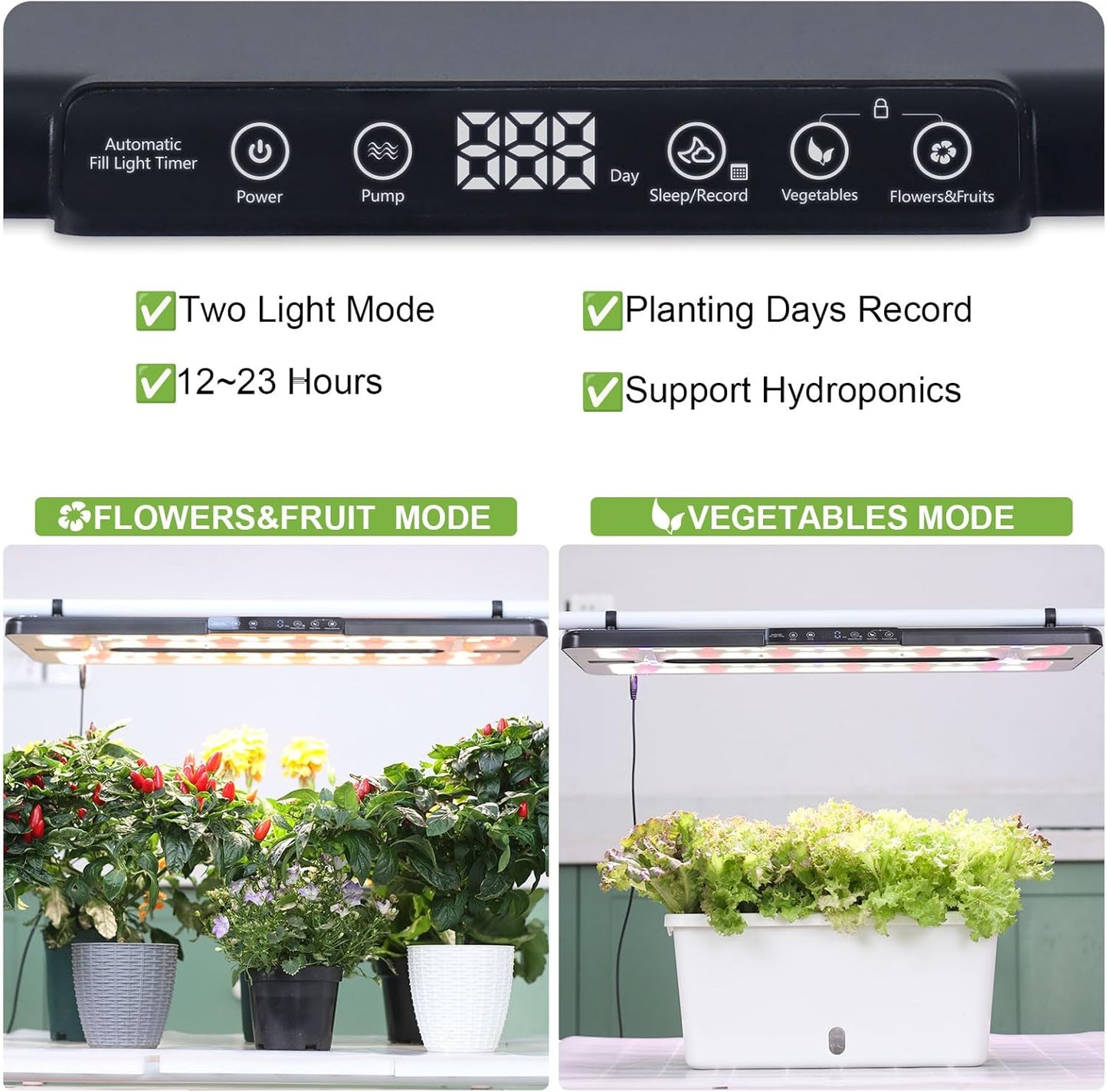 22" x 10" Grow Lights for Indoor Plants and Vegetables, Full Spectrum LED Growing Lamp for Indoor Garden Greenhouse - Features Two Smart Light Mode, 12~23H Timer - 2 Pack (2 in Series Black)