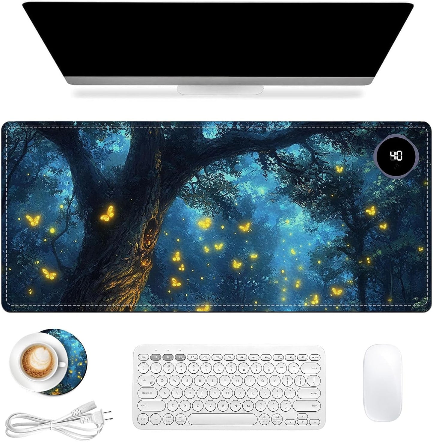 Heated Mouse Pad 31.5x13 in 3-Temp Fast Heating Desk Mat with Auto Timer Warmer for Hands Wrist Pain Relief Waterproof Keyboard Mat for Office, Gaming, Home, Enchanted Forest Glow