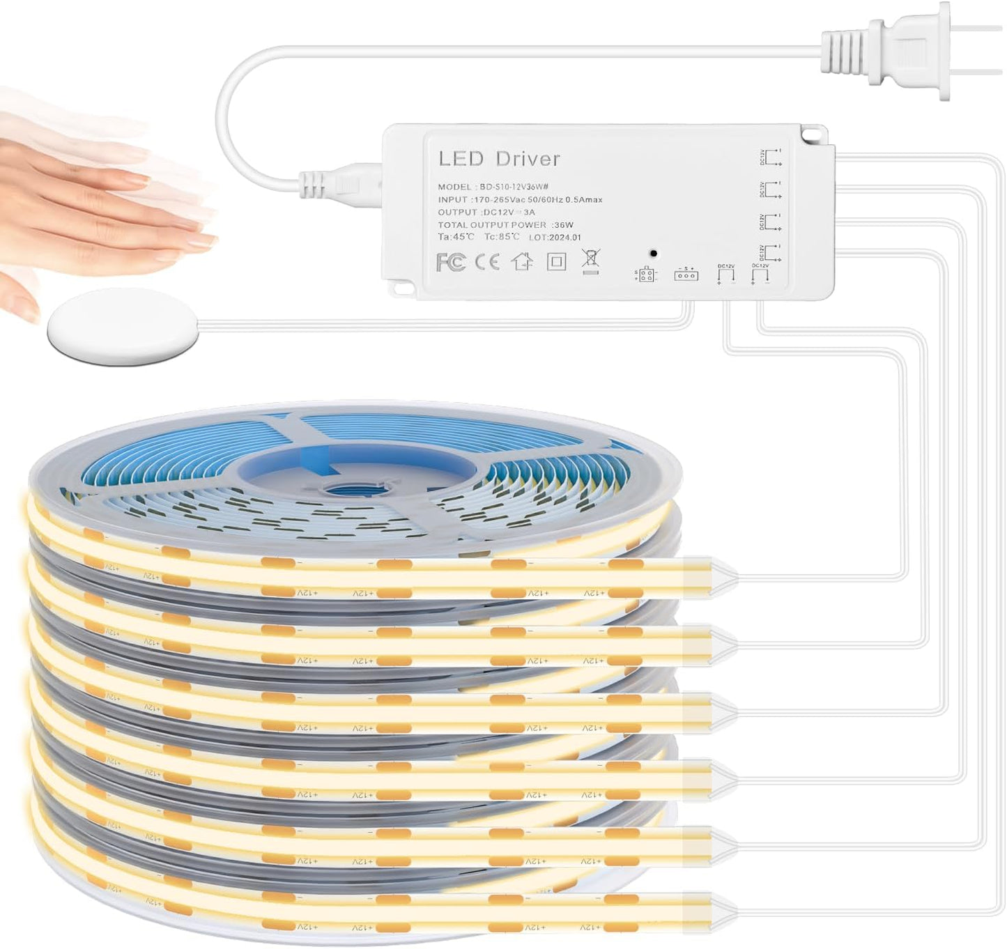 Lichaser 6.56ft COB LED Strip Light, 6 Rolls of 3000K Flexible COB LED for Acoustic Panel and Wood Slat Wall Panels Parallel with Dimmable Touch Sensor Switch, Cuttable for Wood Slat Lighting, Shelf