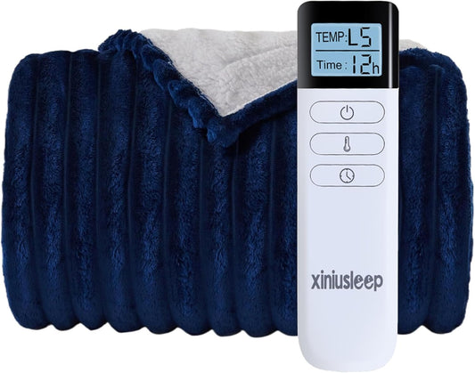 Heated Blanket Electric Blanket 50"x60", Soft Flannel Sherpa Electric Throw with 5 Heating Level & 12 Times Setting, Heated Throw with Overheating Protection, Machine Washable (Navy Blue)