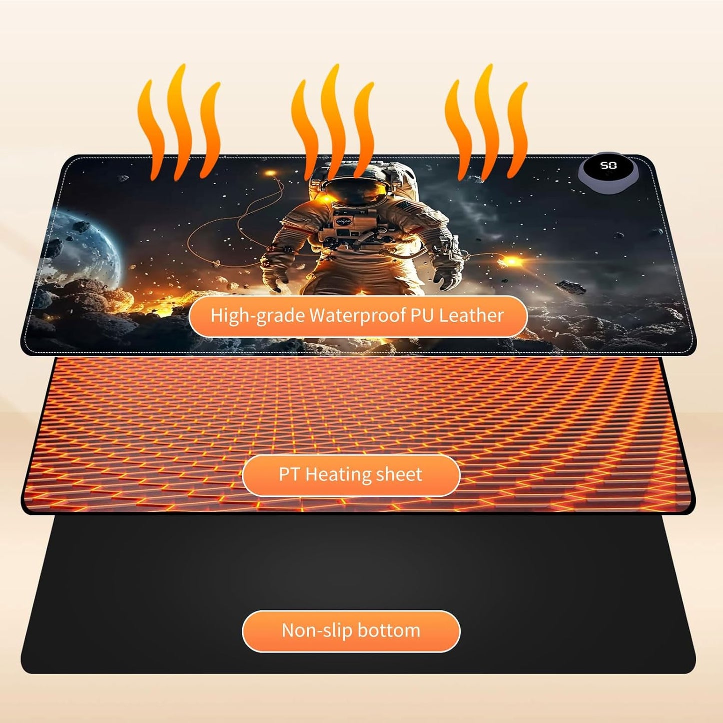 Heated Mouse Pad for Desk 31.5" x 13" – PU Leather Warm Desk Pad with 3 Heat Levels (104°F/113°F/122°F), Plug-in Electric Heating Mat with Auto Shut-Off, Waterproof & Rollable, Astronaut