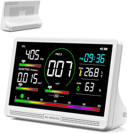 16 in 1 Air Quality Monitor Indoor 7" Display 9 AQI+7 AQI Alerts,Portable Air Quality Tester CO2, TVOC, PM2.5 PM1.0 PM10, HCHO Temperature Humidity AQI & Time Air Quality Meter for Home