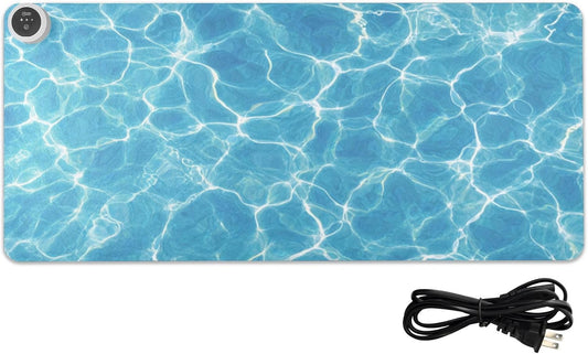 Heated Desk Pad Mouse Pad 31.5x13 Inch PU Leather Desk Mat with 3 Heat Levels Large Mouse Gaming Computer Laptop Mat Bright Blue Pool Ripples