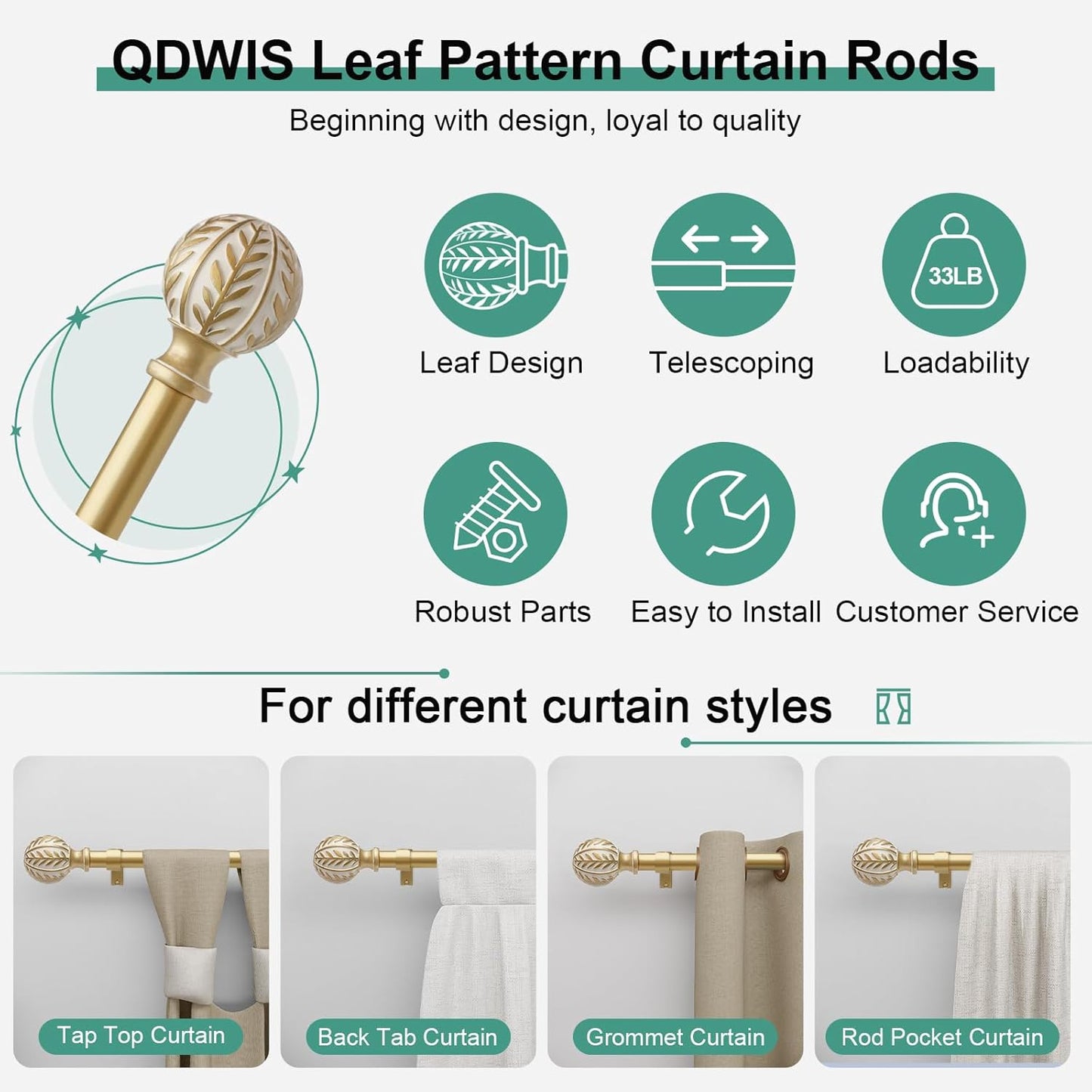2 Pack Gold Curtain Rods for Windows 28 to 48 inch,1" Adjustable Heavy Duty Window Curtain Rod with Leaf Finials,Rustic Decorative Drapery Rods Set,Size:18-60''