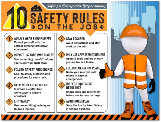 10 Safety Rules on the Job Poster – 18x24 Durable Laminated Safety Sign, Tear-Resistant, Waterproof Workplace Safety Poster for Industrial and Construction Settings (Pack of 2)