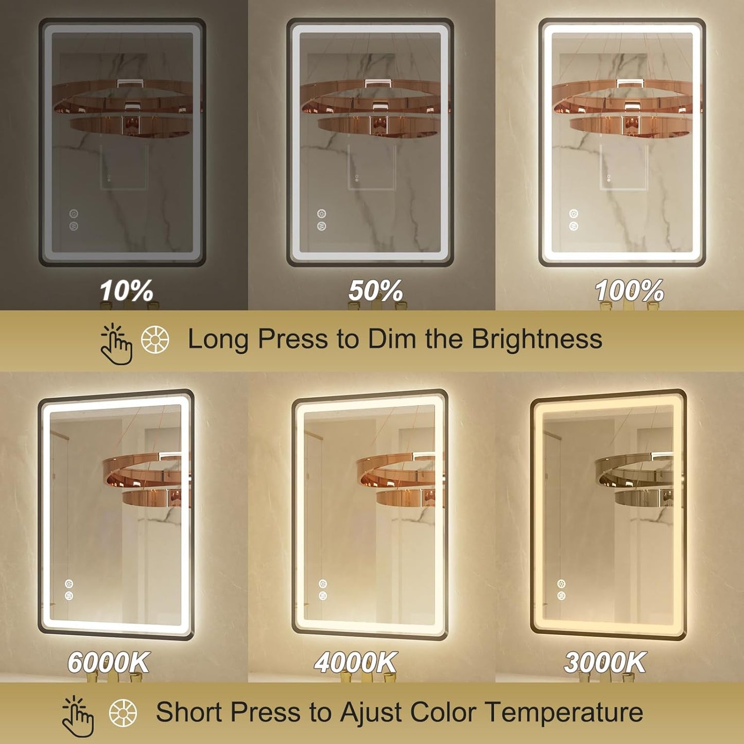 20"x 28" LED Bathroom Mirror with Black Framed, Front and Backlit, Lighted Bathroom Mirror for Wall with Stepless Dimmable, Anti-Fog, Memory, 3 Colors, Round Corner LED Vanity Mirror with Lights