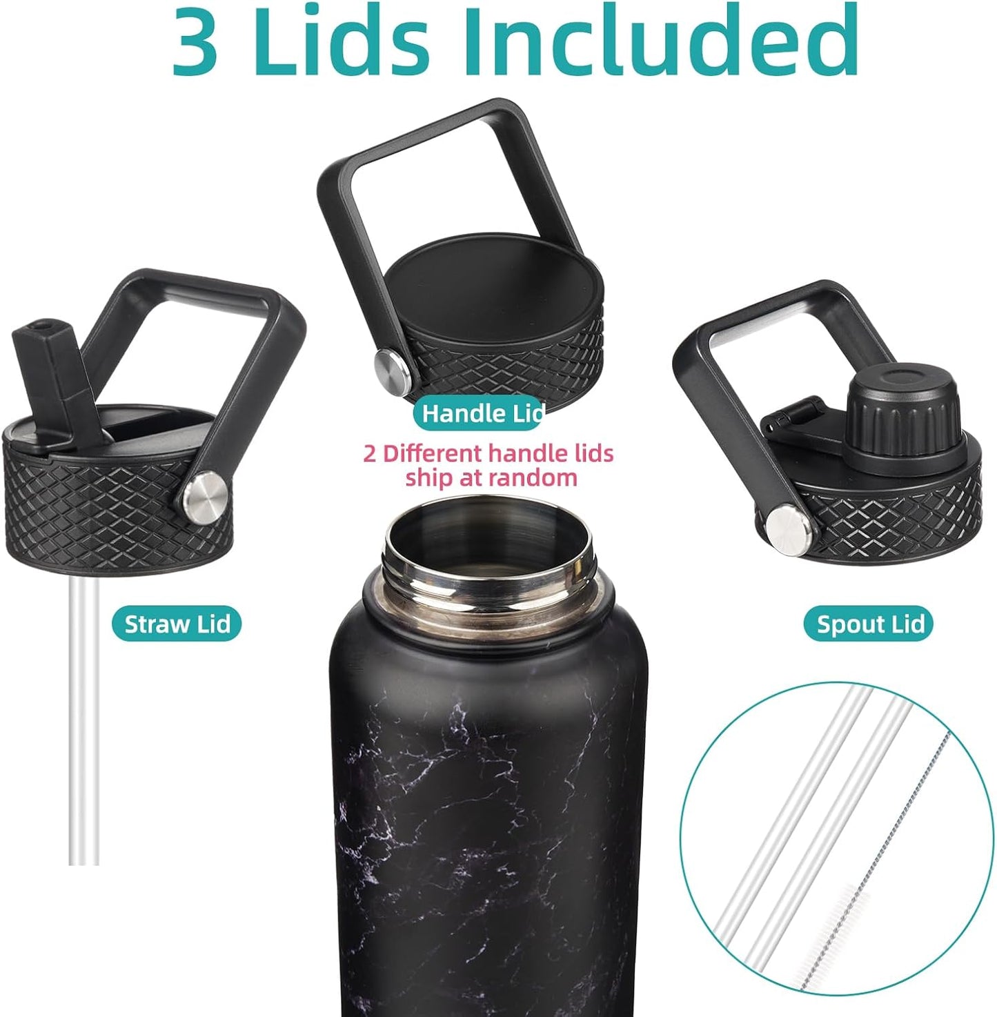 22oz Stainless Steel Bottles with 3 Lids Sport Insulated Water Bottle,Marble Midnight