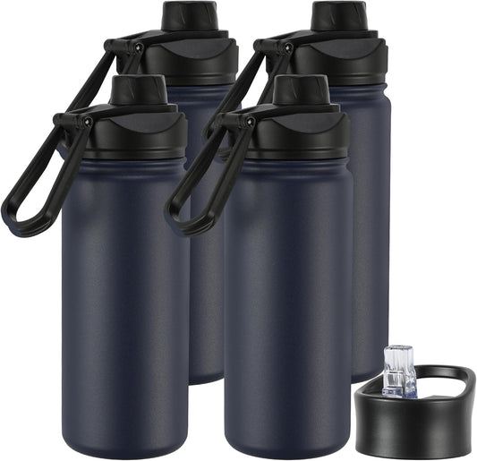 16 oz Insulated Water Bottle with Straw Lids, Stainless Steel Kids Water Bottles for School, Double Wall Vacuum Metal Water Bottle with Straw & Wide Mouth Lid, Navy 4 Pack