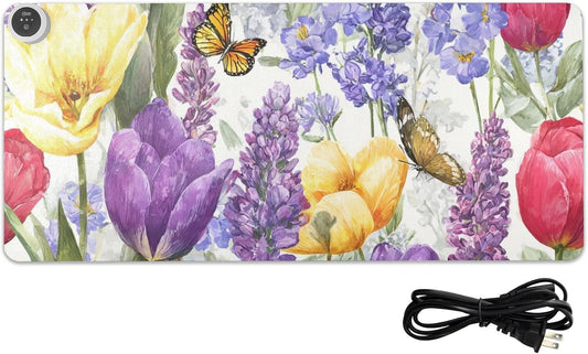Heated Desk Pad Mouse Pad 31.5x13 Inch PU Leather Desk Mat with 3 Heat Levels Large Mouse Gaming Computer Laptop Mat Tulips Lavenders Purple Butterfly