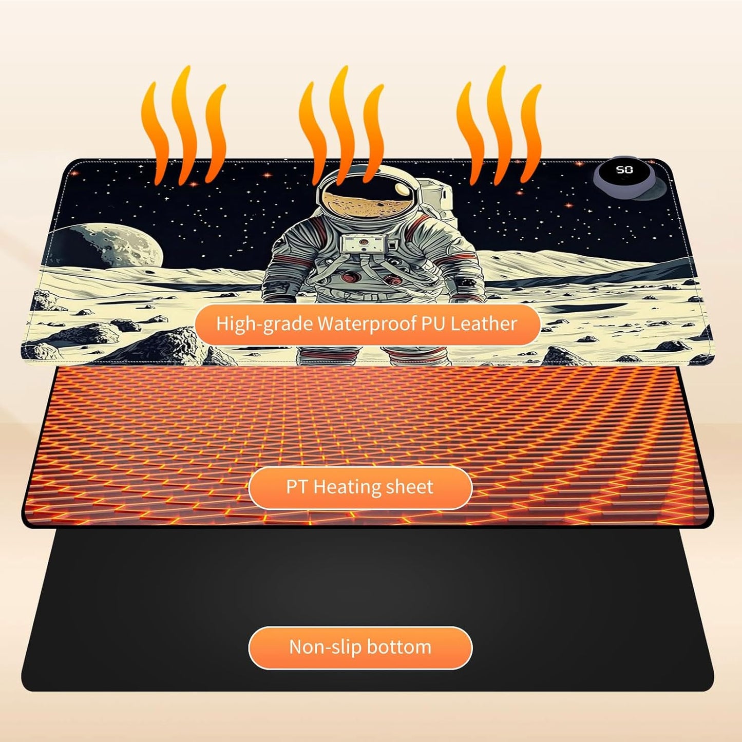 Heated Mouse Pad for Desk 31.5" x 13" – PU Leather Warm Desk Pad with 3 Heat Levels (104°F/113°F/122°F), Plug-in Electric Heating Mat with Auto Shut-Off, Waterproof & Rollable, Astronaut on Moon