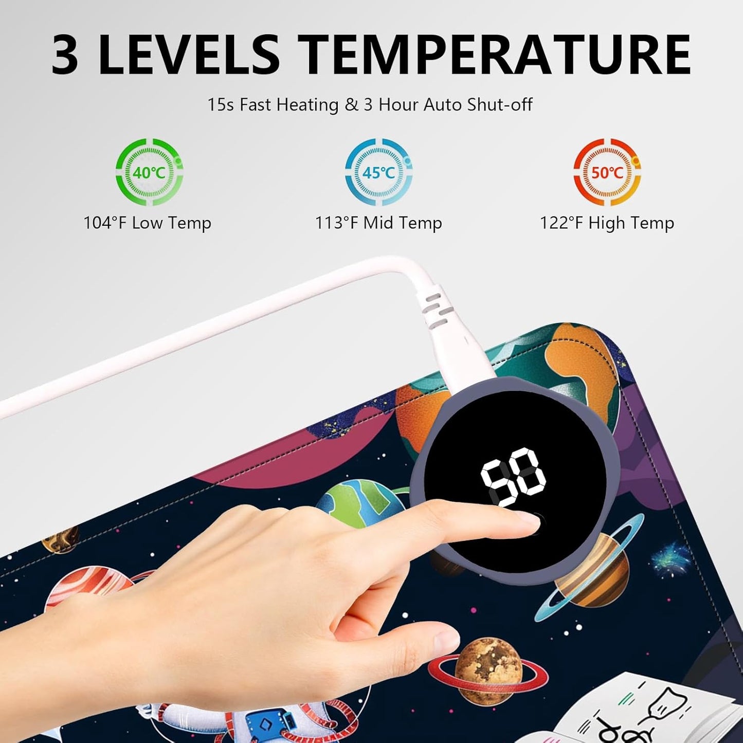 Heated Mouse Pad with 3 Levels Heated & 3 Hours Auto Shut-Off Mouse Pad for Warming Hands in Office Home, 31.5" x 13"Large Safe Desk Mat Hand Warmer，Cute Astronaut