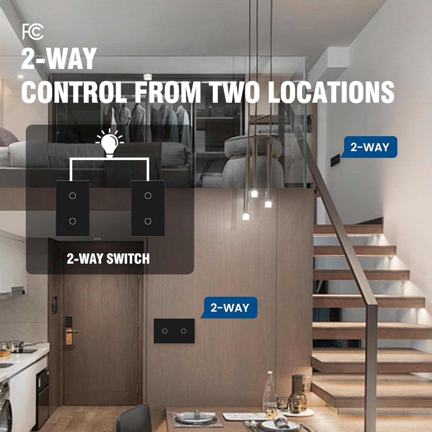 2 Way Light Switch 118X72X34MM No Neutral Wire, Wall Touch Switch 1000W, Tempered Glass Panel, FCC, Black 2 Gang