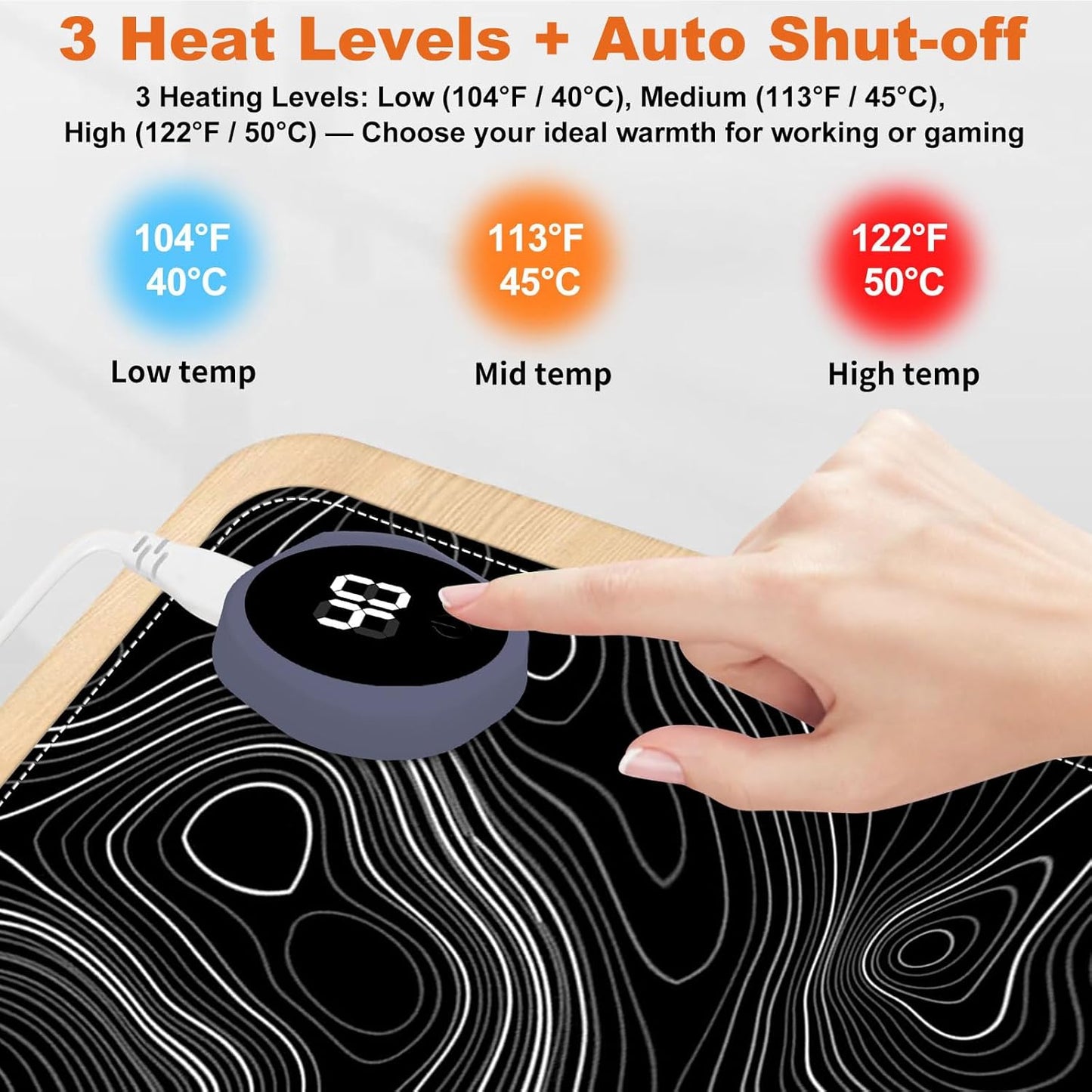 Heated Mouse Pad for Desk 31.5" x 13" – PU Leather Warm Desk Pad with 3 Heat Levels (104°F/113°F/122°F), Plug-in Electric Heating Mat with Auto Shut-Off, Waterproof & Rollable, Topographic Lines