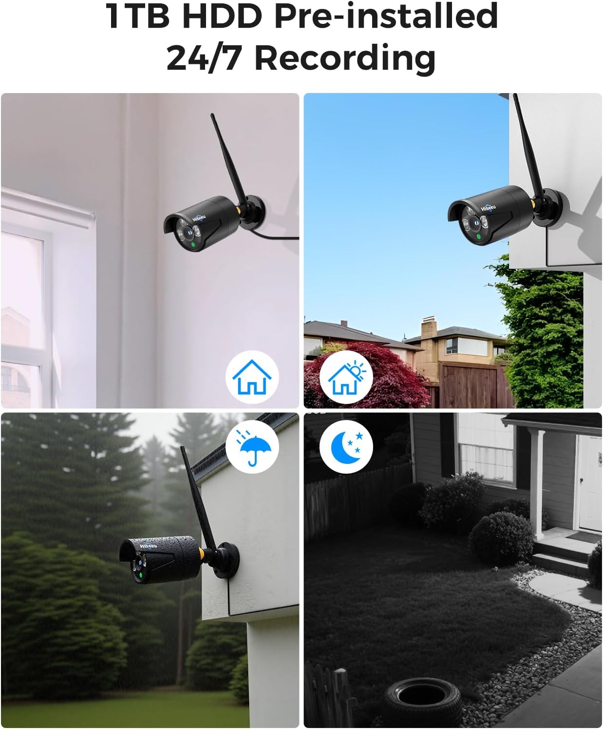 Hiseeu [16CH Expandable] 2.4G/5G Wireless Pro Security Camera System, 10.1" LCD 8MP Monitor, Wired Plug-in Powered 4Pcs 5MP Outdoor Indoor Cameras, One-Way Audio, Waterproof, Motion Detection, 1TB HDD