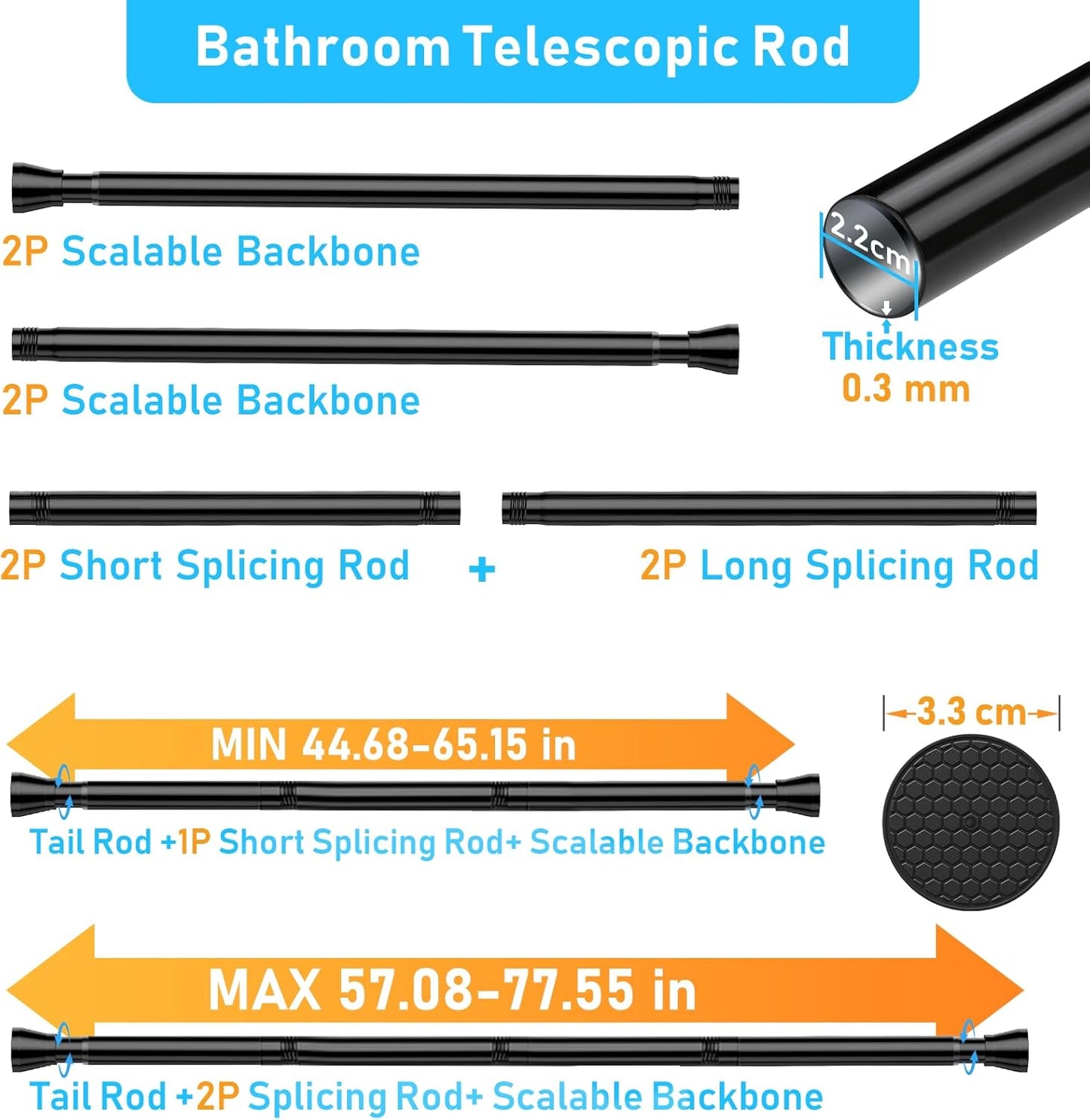 2 Pack Black Shower Curtain Rod 43 To 73 Inch Tension Shower Rod For Bathroom 7/8" Adjustable Spring Curtain Rod No Drilling Black Spring Rod Tension Curtain Rods for Windows Doorway Closet