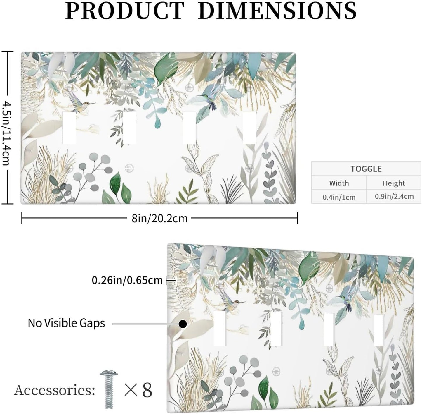 Green Tropical Palm Leaves Flower Plants Hummingbird Light Switch Covers Quad Toggle Electrical Faceplate 4 Gang Wall Plate Decorative Switch Plates for Bed Room Living Room Decor
