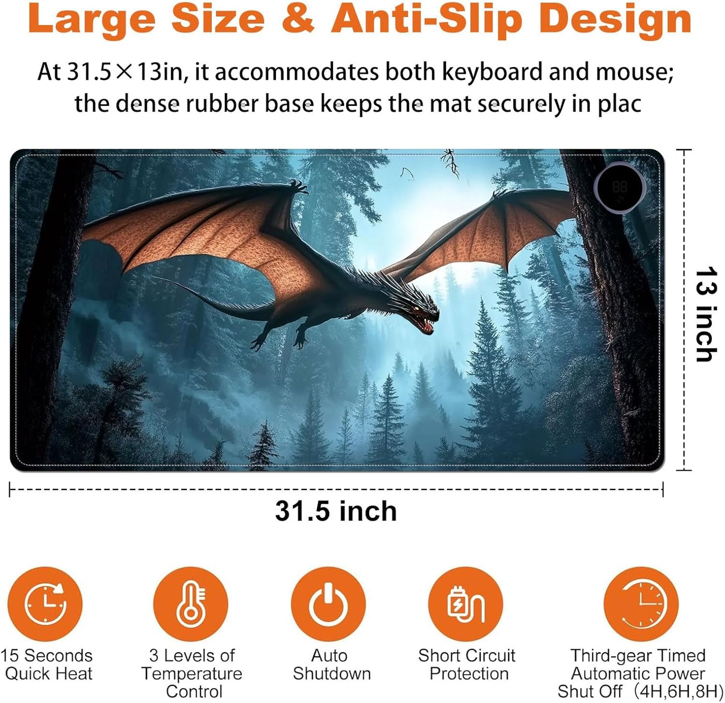 Heated Mouse Pad for Desk 31.5" x 13" – PU Leather Warm Desk Pad with 3 Heat Levels (104°F/113°F/122°F), Plug-in Electric Heating Mat with Auto Shut-Off, Waterproof & Rollable, Flying Dragon