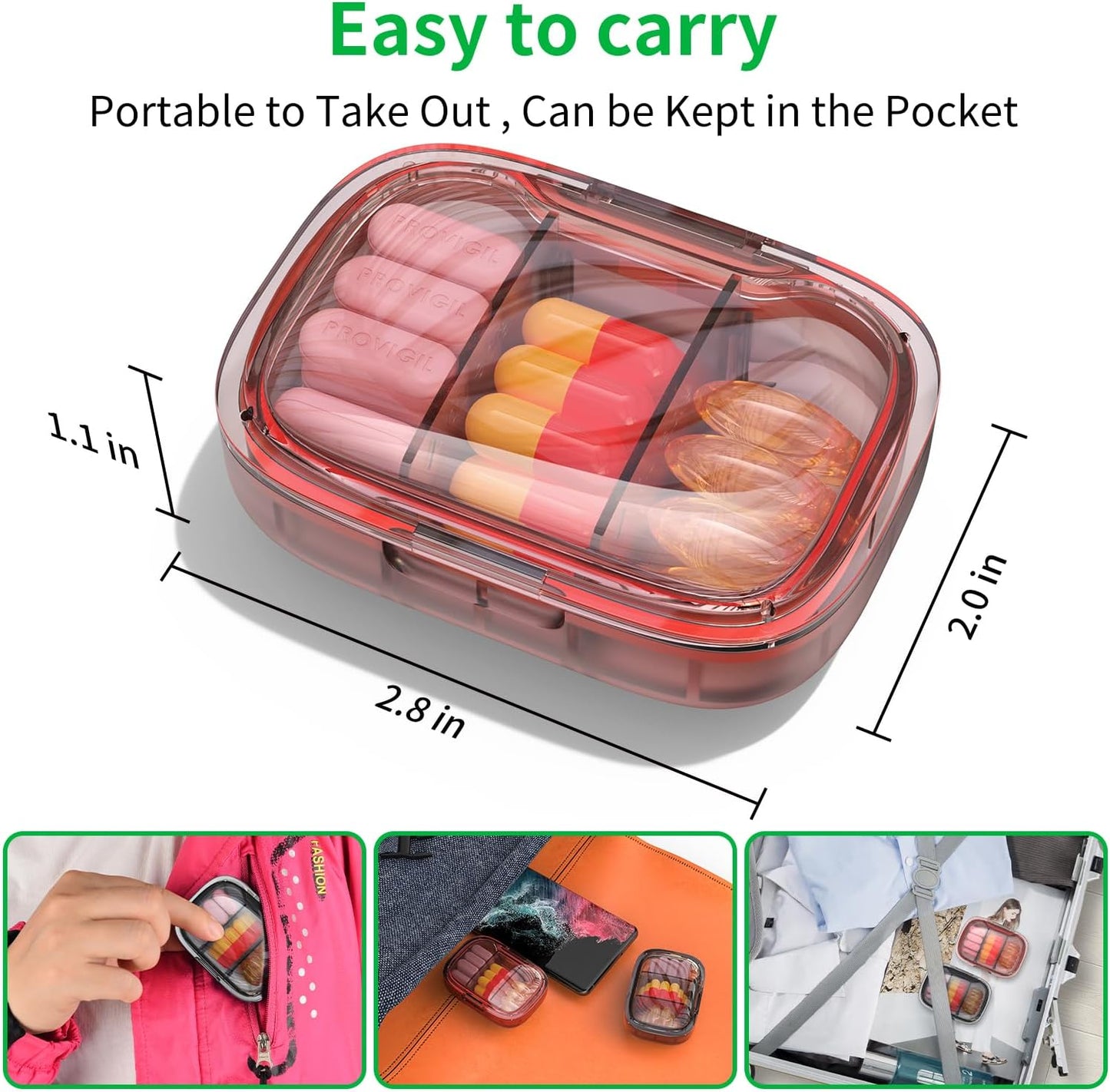 2 Pack 3 Compartment Small Pill Box, Moisture Proof Pill Case, Travel Pill Organizer for Pocket Purse, Daily Portable Medicine Vitamin Box, Fish Oil Box, Supplement Box (Black+Orange)