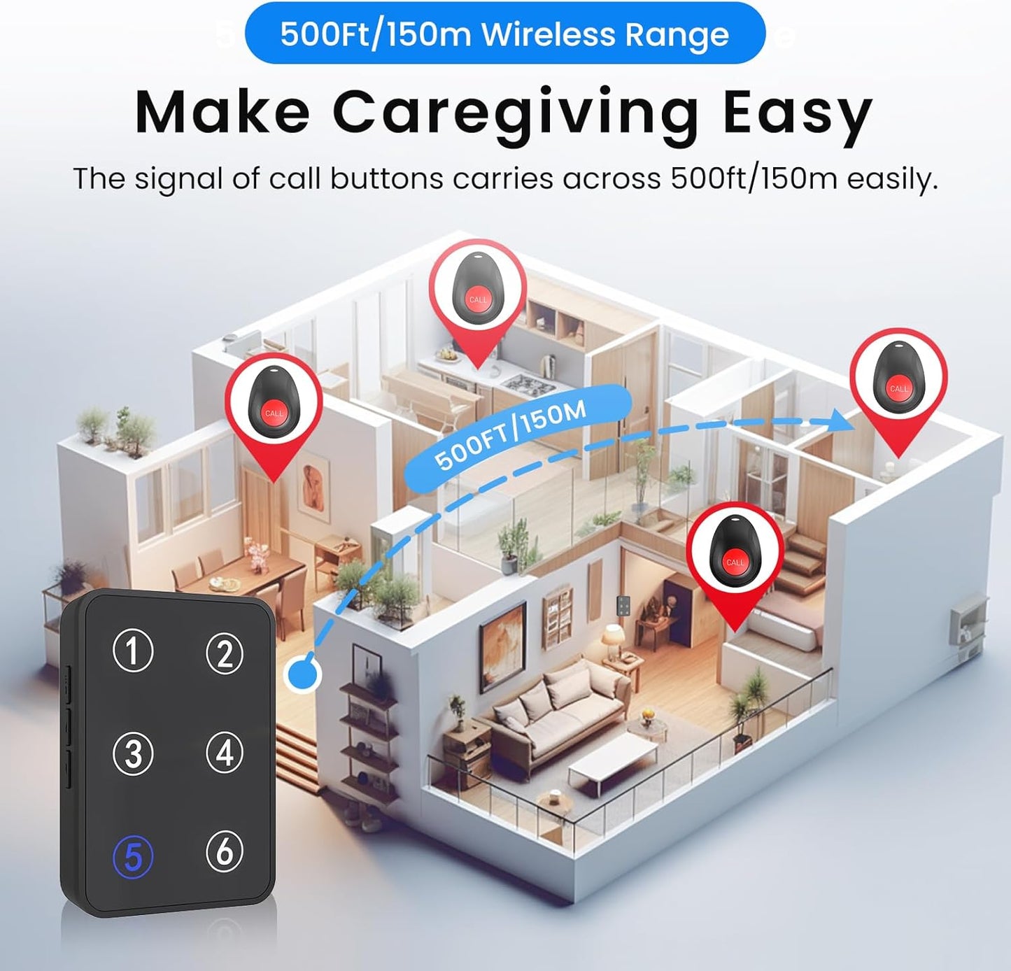 CallToU Wireless Call Button Caregiver Pager Nurse Call System for Elderly/Patients at Home/Hospital with Voice Announcements and LED Number Display (6 Waterproof Call Button & 3 Receiver)