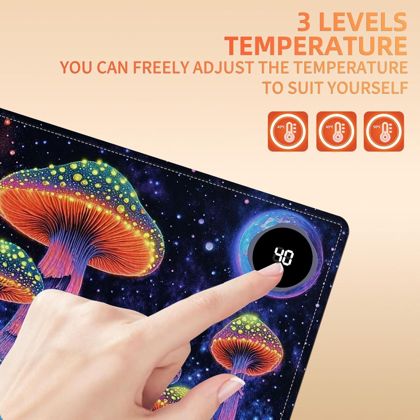 Heated Mouse Pad 23.6 x 14 in 3-Temp Fast Heating Desk Mat with Auto Timer Warmer for Hands Wrist Pain Relief Waterproof Keyboard Mat for Office, Gaming, Home, Mushroom Galaxy Art