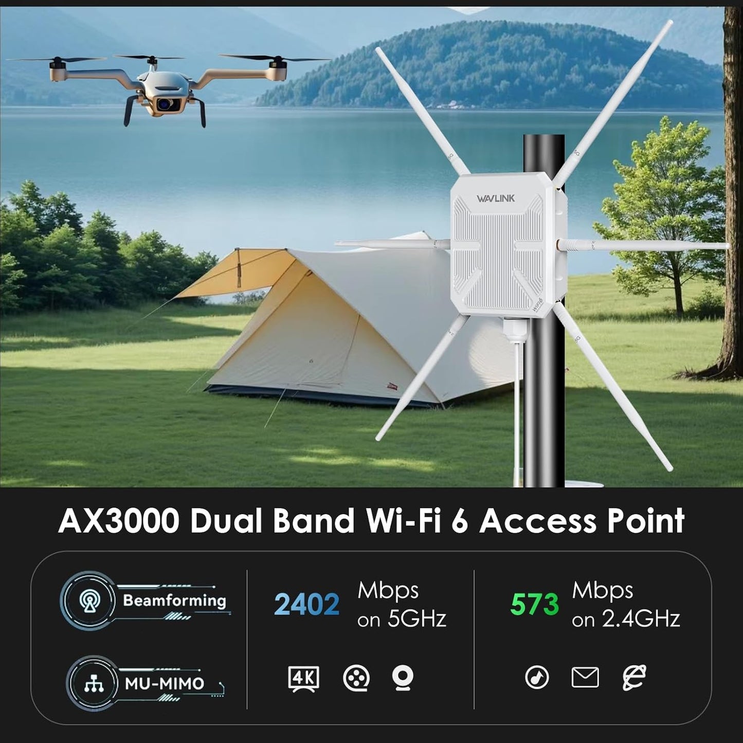 2026 AX3000 Outdoor WiFi 6 Extender, WAVLINK Long-Range WiFi Repeater/Access Point with Dual Band/PoE/IP67 Waterproof/6 x 7dBi Antennas, Supports Up to 256 Devices for Garage, Yard, RV,Farm