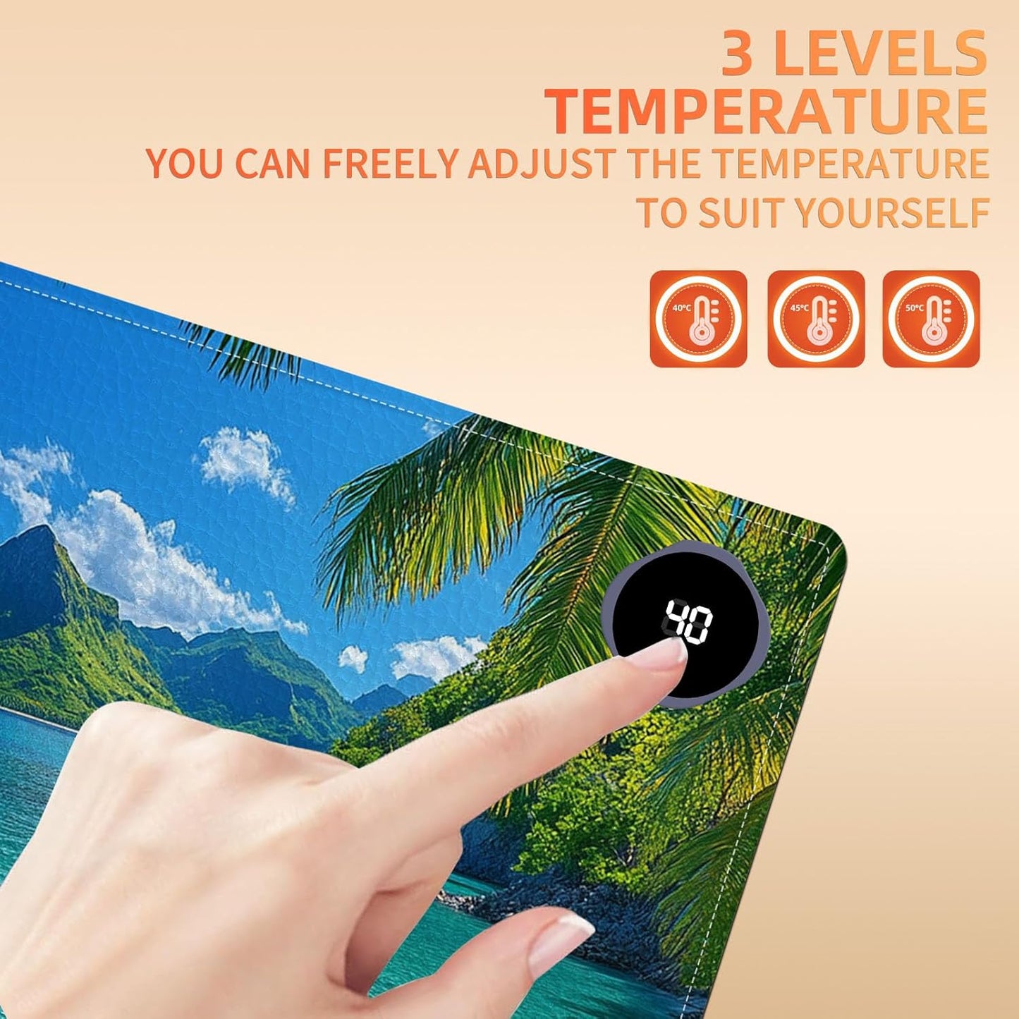 Heated Mouse Pad 23.6 x 14 in 3-Temp Fast Heating Desk Mat with Auto Timer Warmer for Hands Wrist Pain Relief Waterproof Keyboard Mat for Office, Gaming, Home, Tropical Paradise Beach