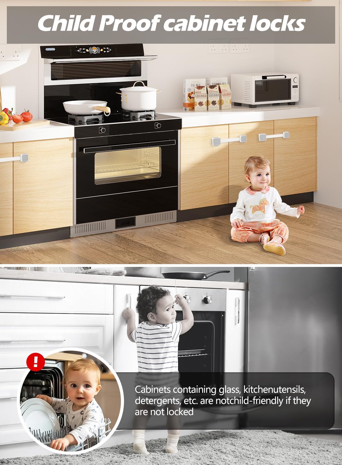 2 Pack Baby Proofing Safety Locks Child Safe for Cabinet Drawer Fridge Oven Dishwasher Doors, Toilet Seat & Lid, Adjustable Furniture Latches and Straps, 3M Adhesive No Drilling Button,Unlock Design