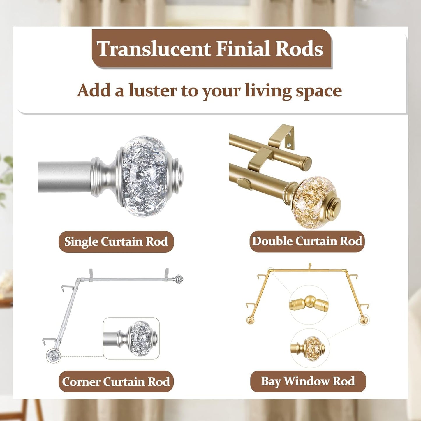 1 Inch Silver Curtain Rods for Windows 140 to 195 Inches (6 to 12 ft), Telescoping Single Drapery Rod, USFOOK Decorative Curtain Rod with Translucent Finials