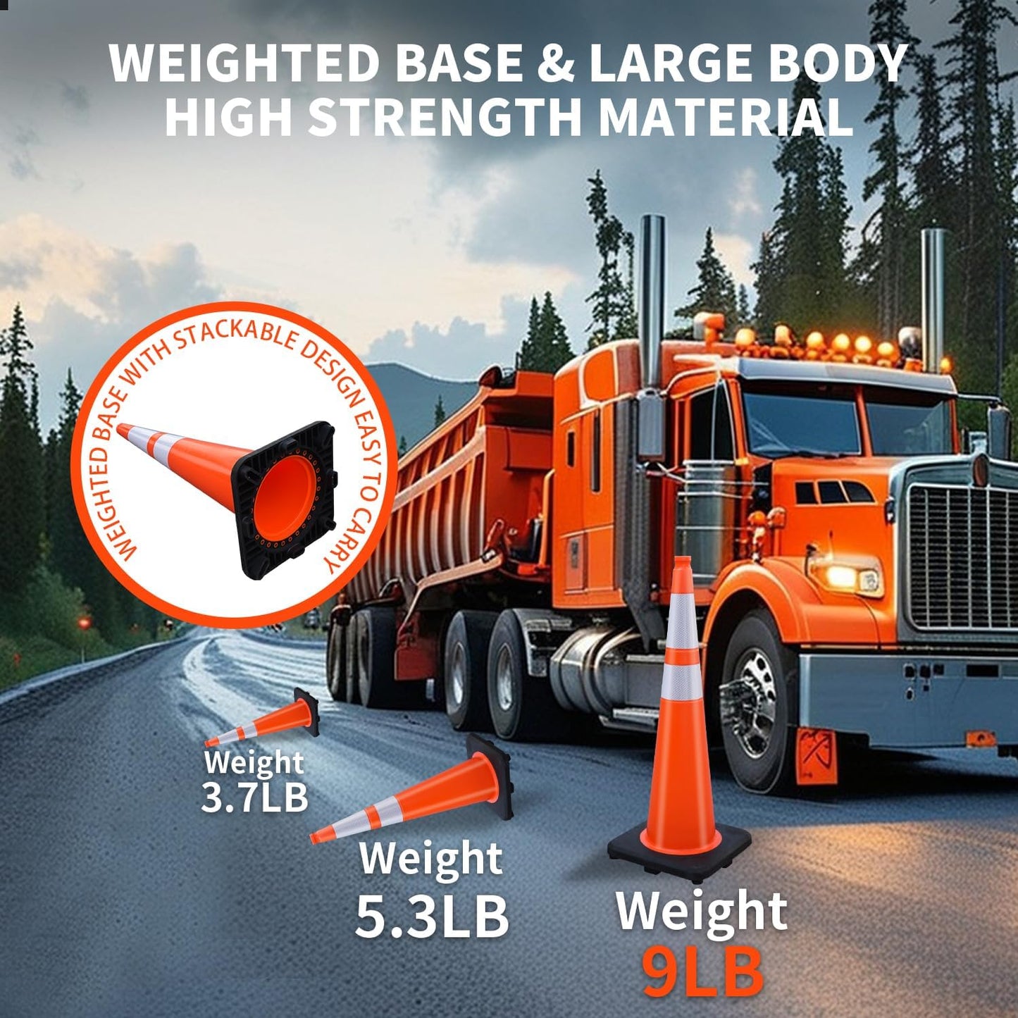 (4 Cones) BESEA 36” inch Orange PVC Traffic Cones, Black Base Construction Safety Cones Road Parking Cone Structurally Stable Wearproof (36" Height)