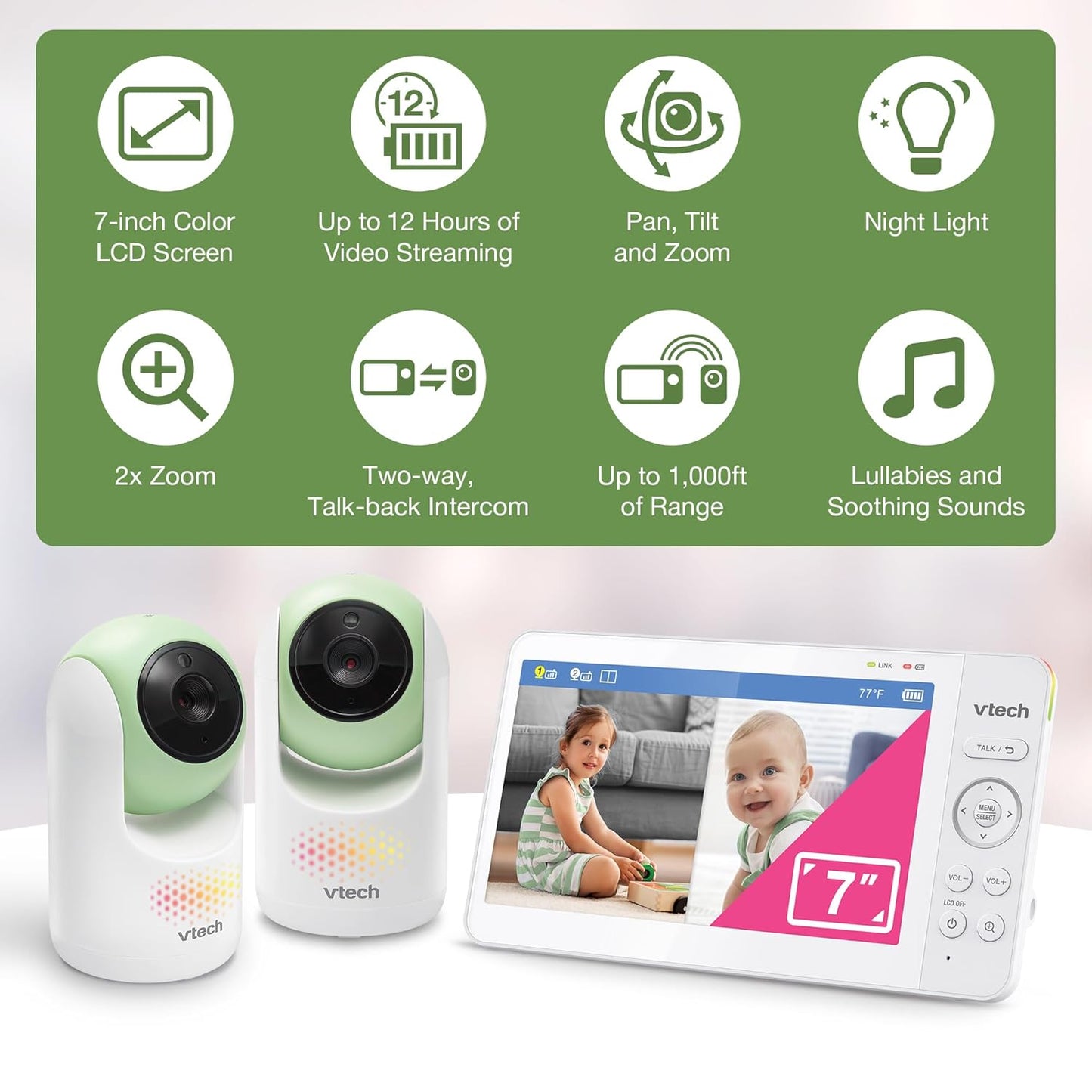 VTech 2-Cameras Video Baby Monitor with 7" Color LCD Screen, Rechargeable Battery, Video and Audio Streaming, Pan-Tilt-Zoom, Touch Multi-Color Night Light, Two-Way Talk: Advanced Max Twin (Green)