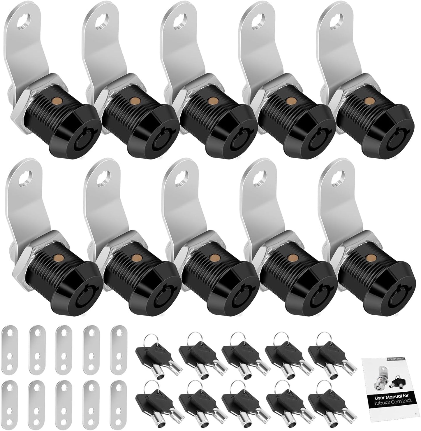 10 Pack Tool Box Lock with Keys, 5/8" RV Storage Lock Keyed Alike, Cabinet Lock Cam Locks for Toolbox Lock Replacement Mailbox RV Compartment Locks with Manual (Black -10 Pack, 5/8 Inch)