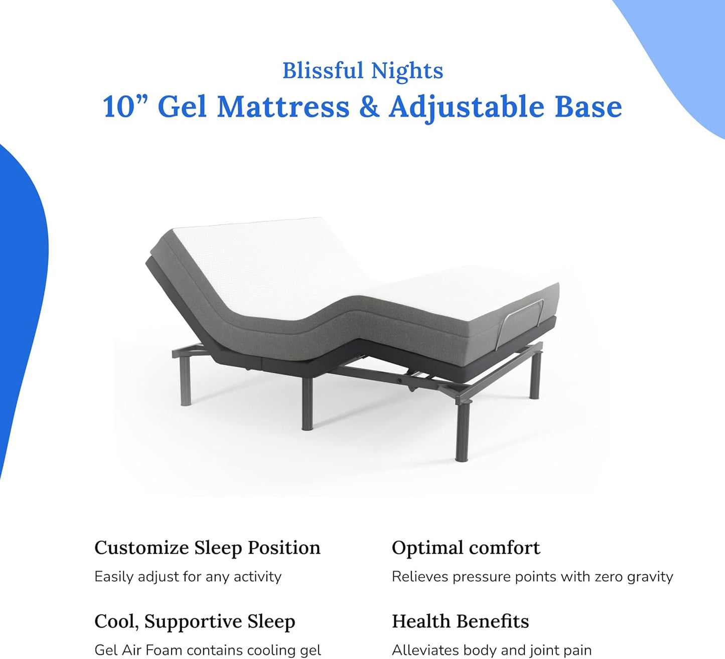 Blissful Nights e4 Queen Adjustable Bed Base Frame with 10" Medium Firm Gel Infused Memory Foam Mattress