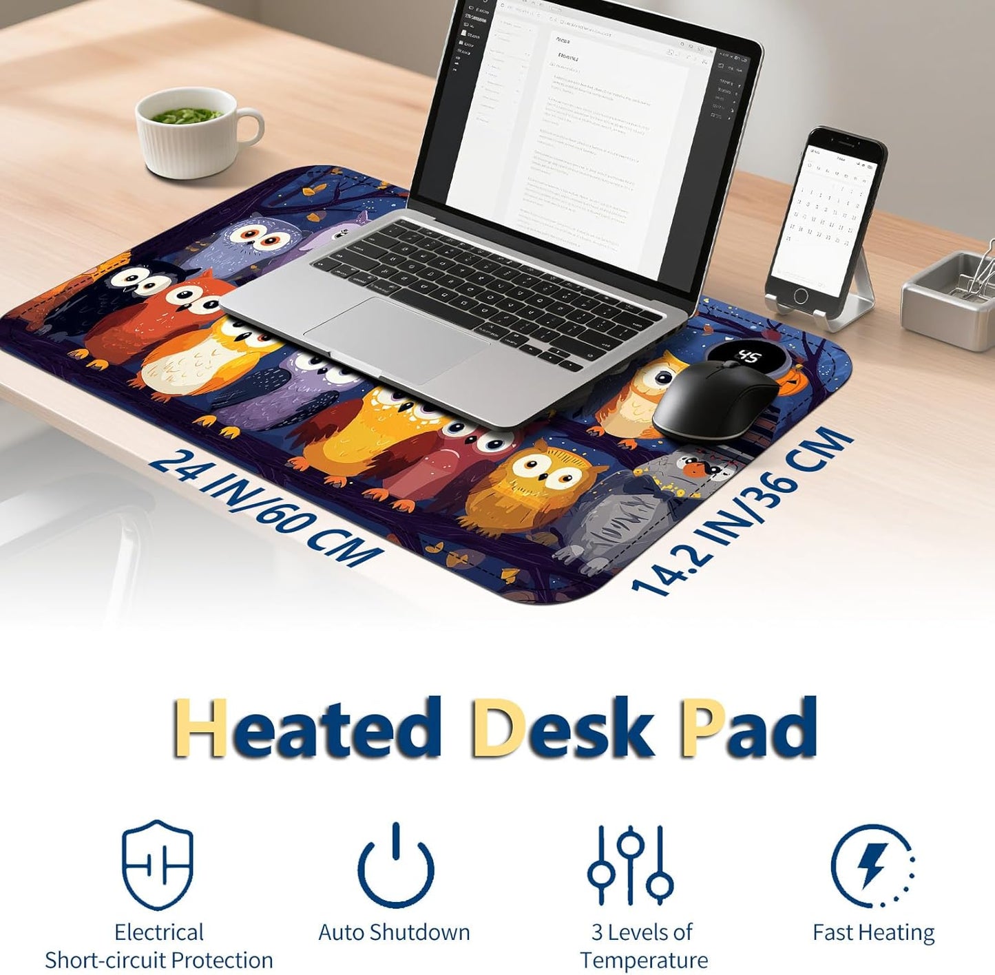 Heated Mouse Pad with 3 Temperature Settings(104°F–122°F),Large 24x14.2 Inch PU Leather Heated Desk Mat,Waterproof Warming Pad for Office,Gaming & Cold Hands Relief,Colorful Night Owls