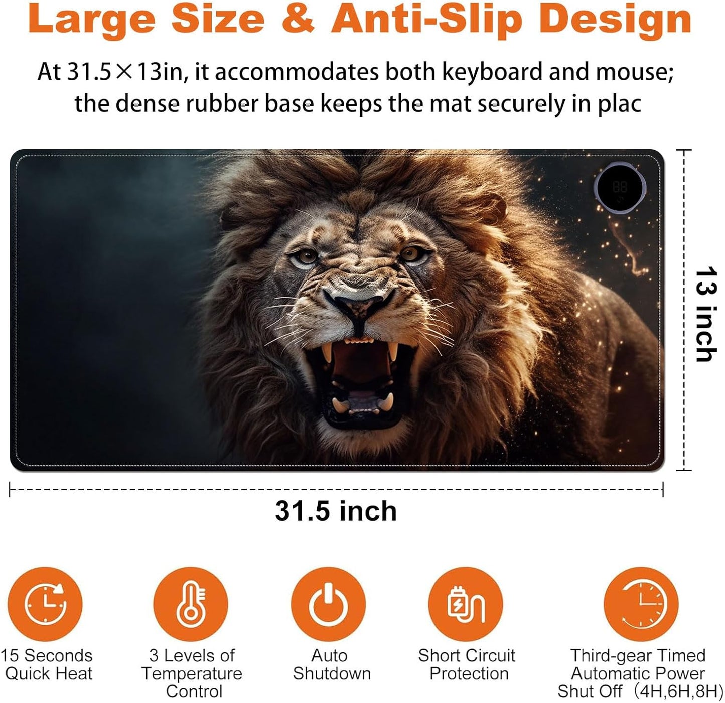 Heated Mouse Pad for Desk 31.5" x 13" – PU Leather Warm Desk Pad with 3 Heat Levels (104°F/113°F/122°F), Plug-in Electric Heating Mat with Auto Shut-Off, Waterproof & Rollable, Roaring Lion