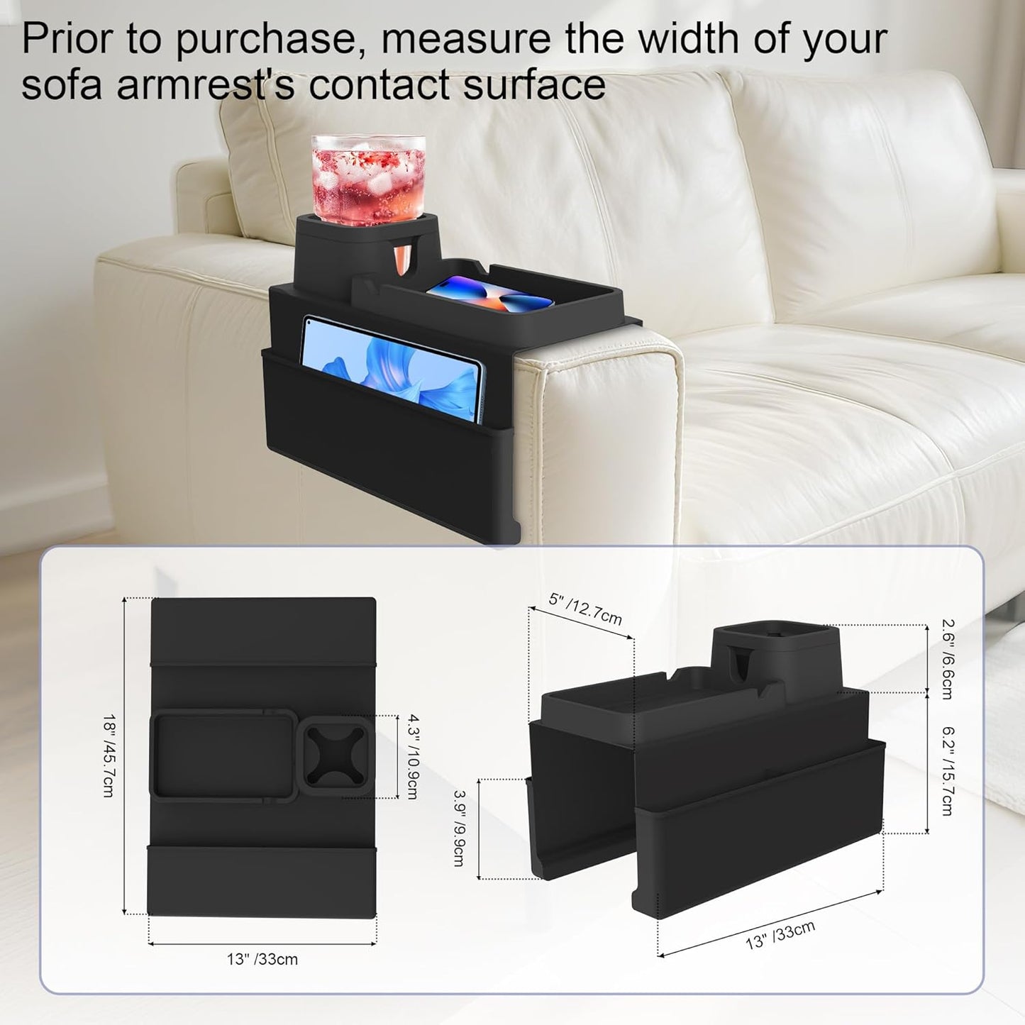 KindGa Couch Cup Holder Tray,Silicone Couch Arm Cup Holder,Couch Arm Organizer for Sofa Drinks/Phone/Remote/Snacks,Couch Armrest Recliner Armchair Caddy - Black