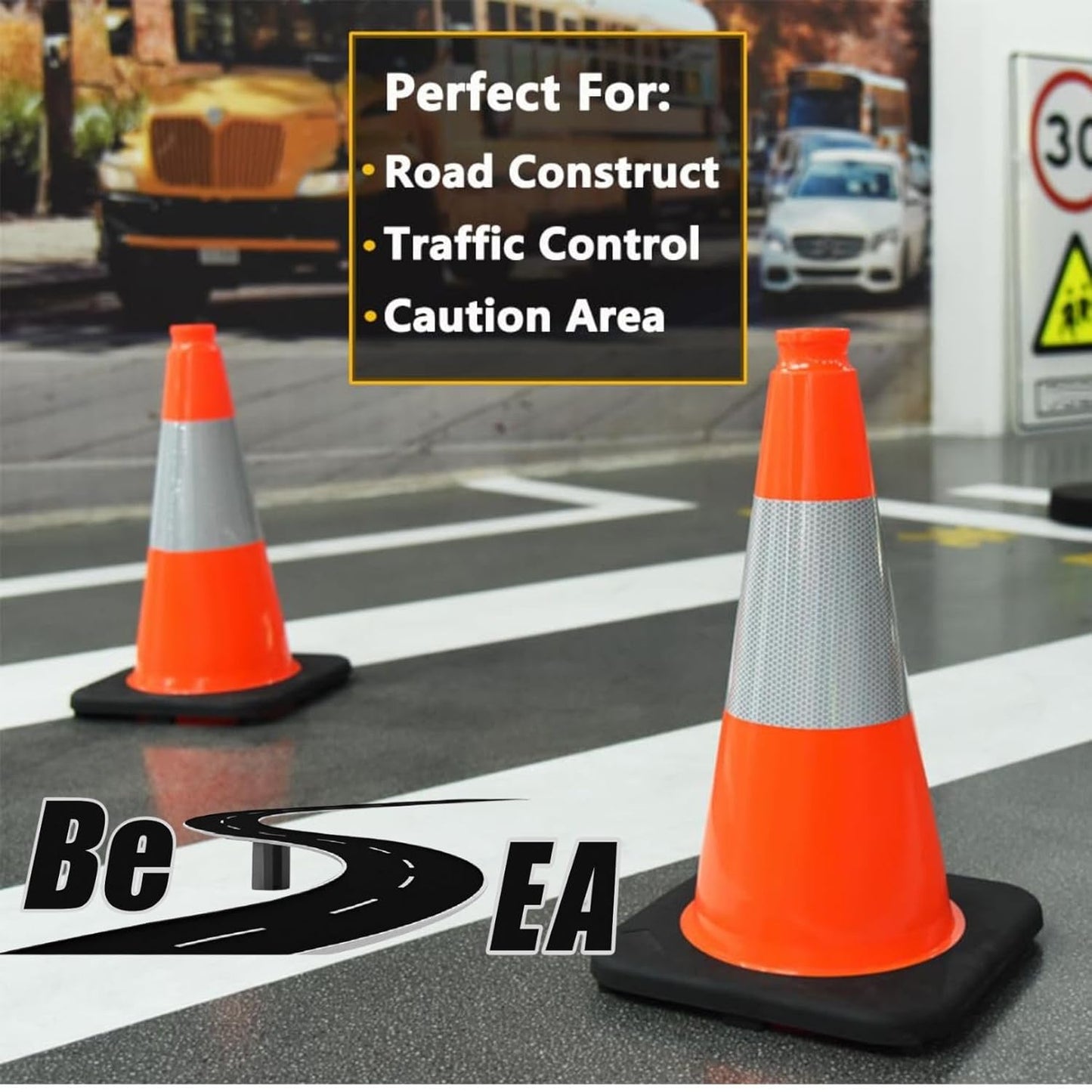 (8 Cones) BESEA 18" inch Traffic Cones Traffic Safety Cones Black Base Construction Road Parking Cone with 6" Highly Reflective Collar(8 Pack)
