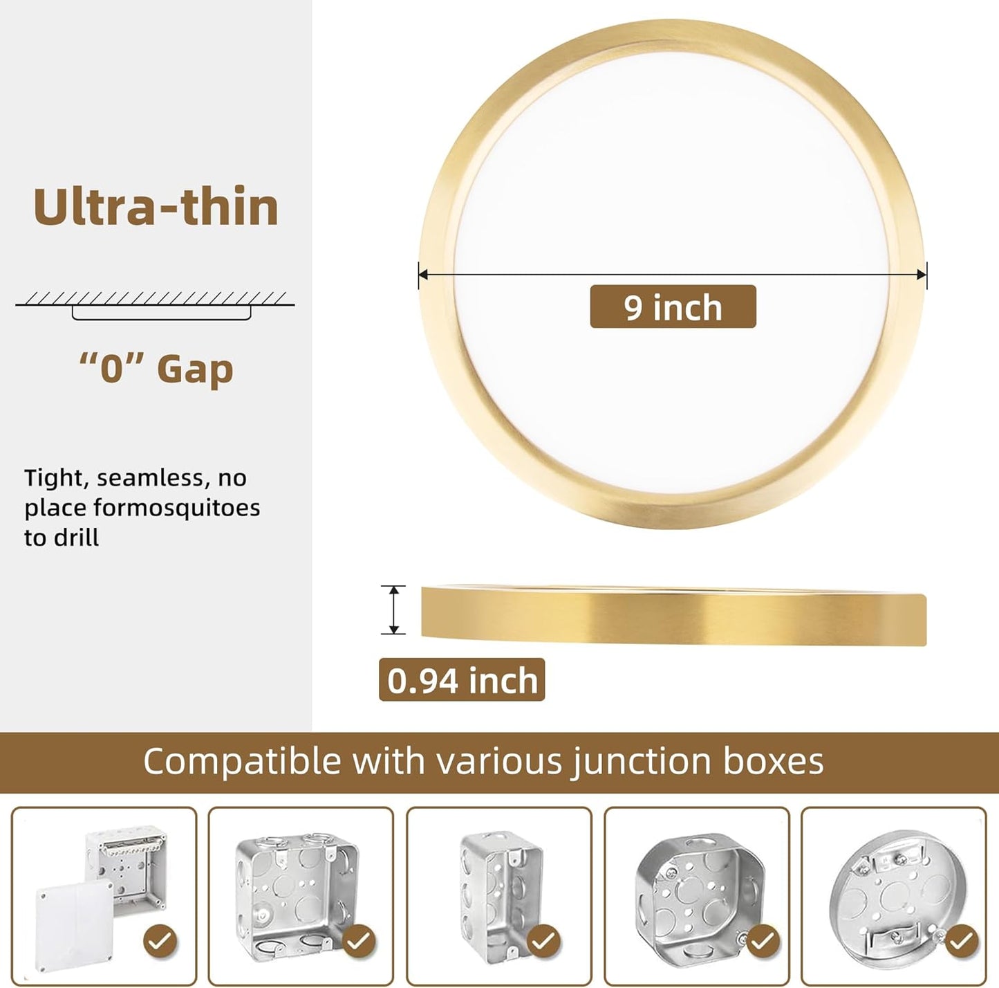 Hlite 4pack 9 Inch Flush Mount LED Ceiling Light Fixture,18W 1800LM Super Slim Light Fixtures Ceiling Mount 3000K/4000K/5000K 3CCT Selectable,Light Fixtures for Kitchen,Bedroom (Gold)