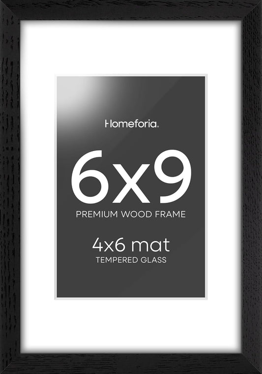 Homeforia 9x6 Black Wood Frame, High End Oak 6x9 Black Wooden Picture Frames with Mat 4x6 Print, 6 x 9 Frame Matted to 4 by 6 inch Photo, 6x9 Wall or Tabletop Frames, Tempered Glass, Wall Kit, Set of 1