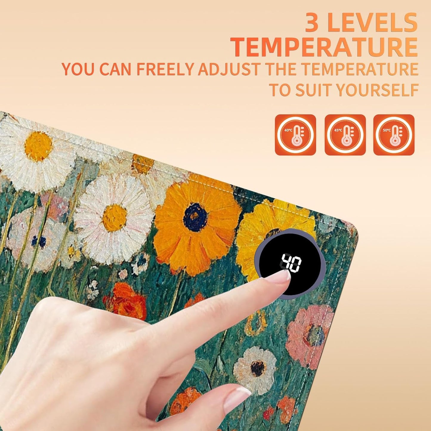 Heated Mouse Pad 31.5x13 in 3-Temp Fast Heating Desk Mat with Auto Timer Warmer for Hands Wrist Pain Relief Waterproof Keyboard Mat for Office, Gaming, Home, Floral Garden