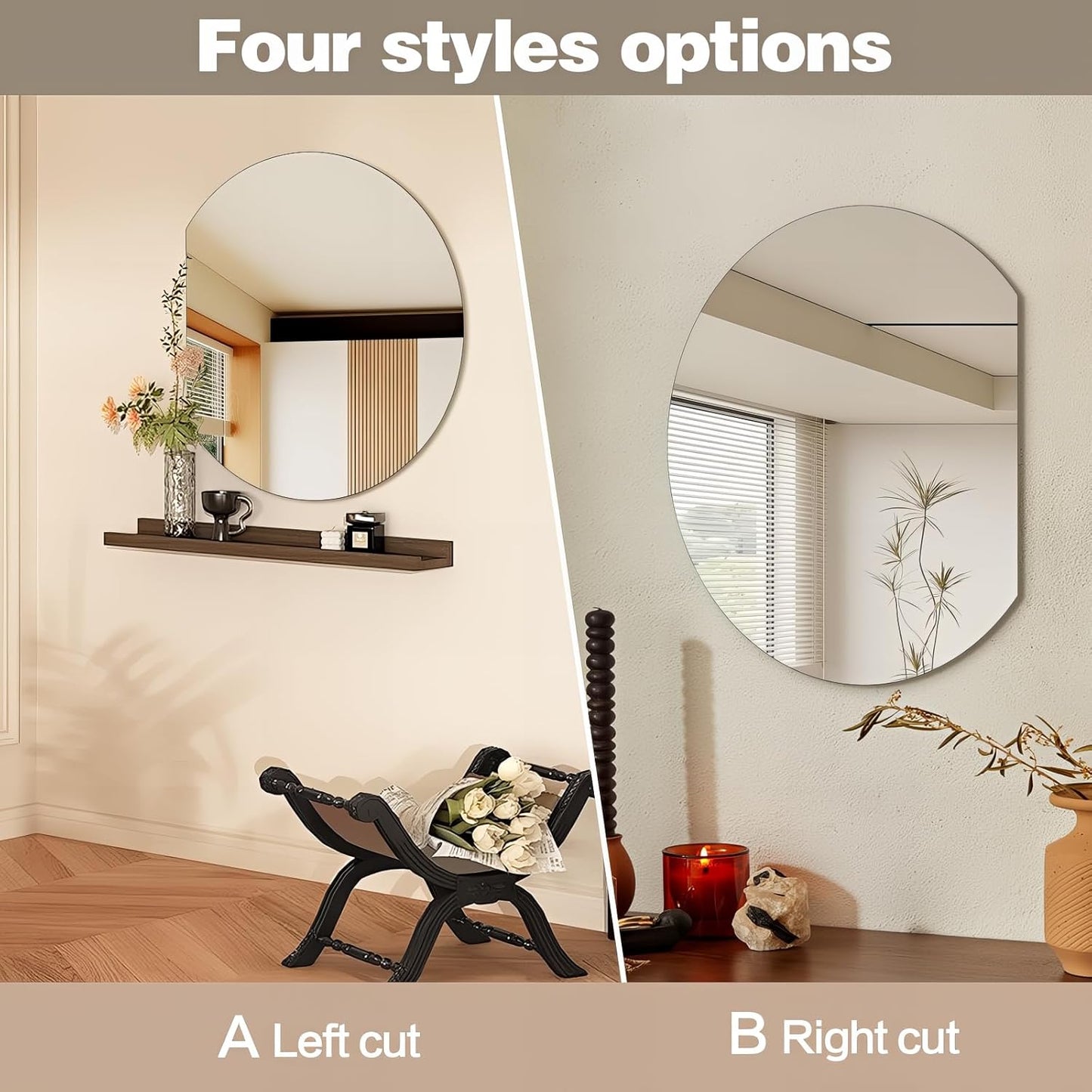 Half Moon Bathroom Mirror 24", Modern Frameless Wall Mirror, Hanging Decorative Vanity Mirror, Minimalist Explosion Proof Semi Circle Mirror for Living Room Bedroom Entryway, Down Cut