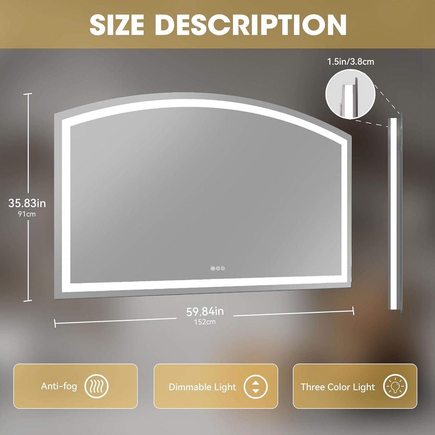 Hasipu 60“ x 36" Arch LED Bathroom Mirror, Frontlit Wall-Mounted Vanity Mirror with Lights, Defogging, Smart Touch, Dimmable 3 Color Modes, Safety Shatterproof Glass Coating