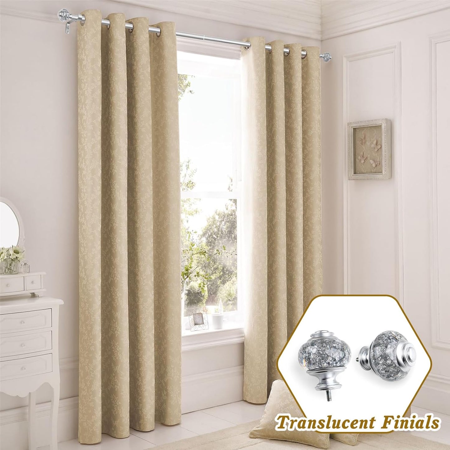 1 Inch Curtain Rods 36 to 72 Inches(3 to 6 ft) Telescoping Single Drapery Rod, USFOOK Silver Curtain Rods for Windows 24 to 68 Inches with Translucent Finials