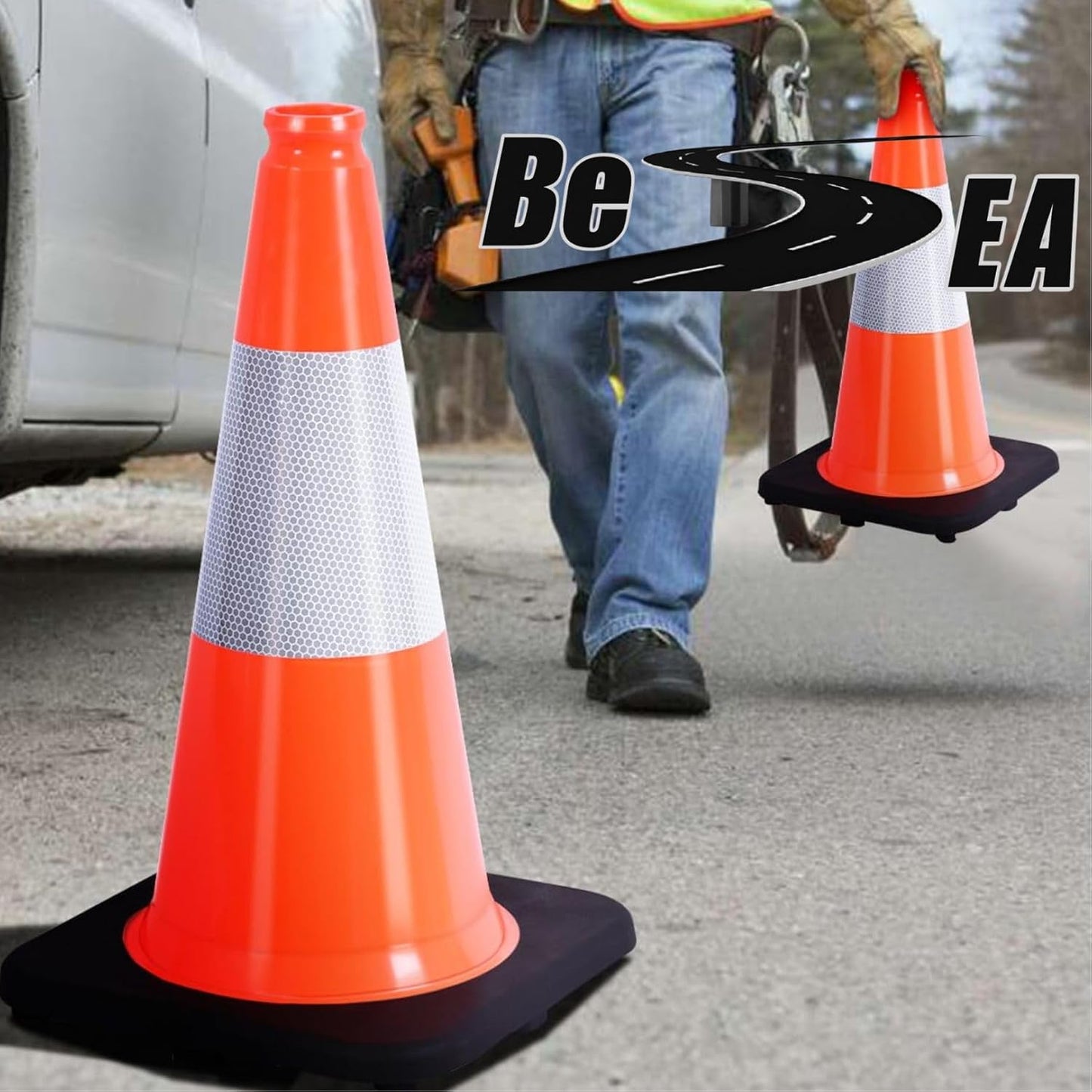 (8 Cones) BESEA 18" inch Traffic Cones Traffic Safety Cones Black Base Construction Road Parking Cone with 6" Highly Reflective Collar(8 Pack)