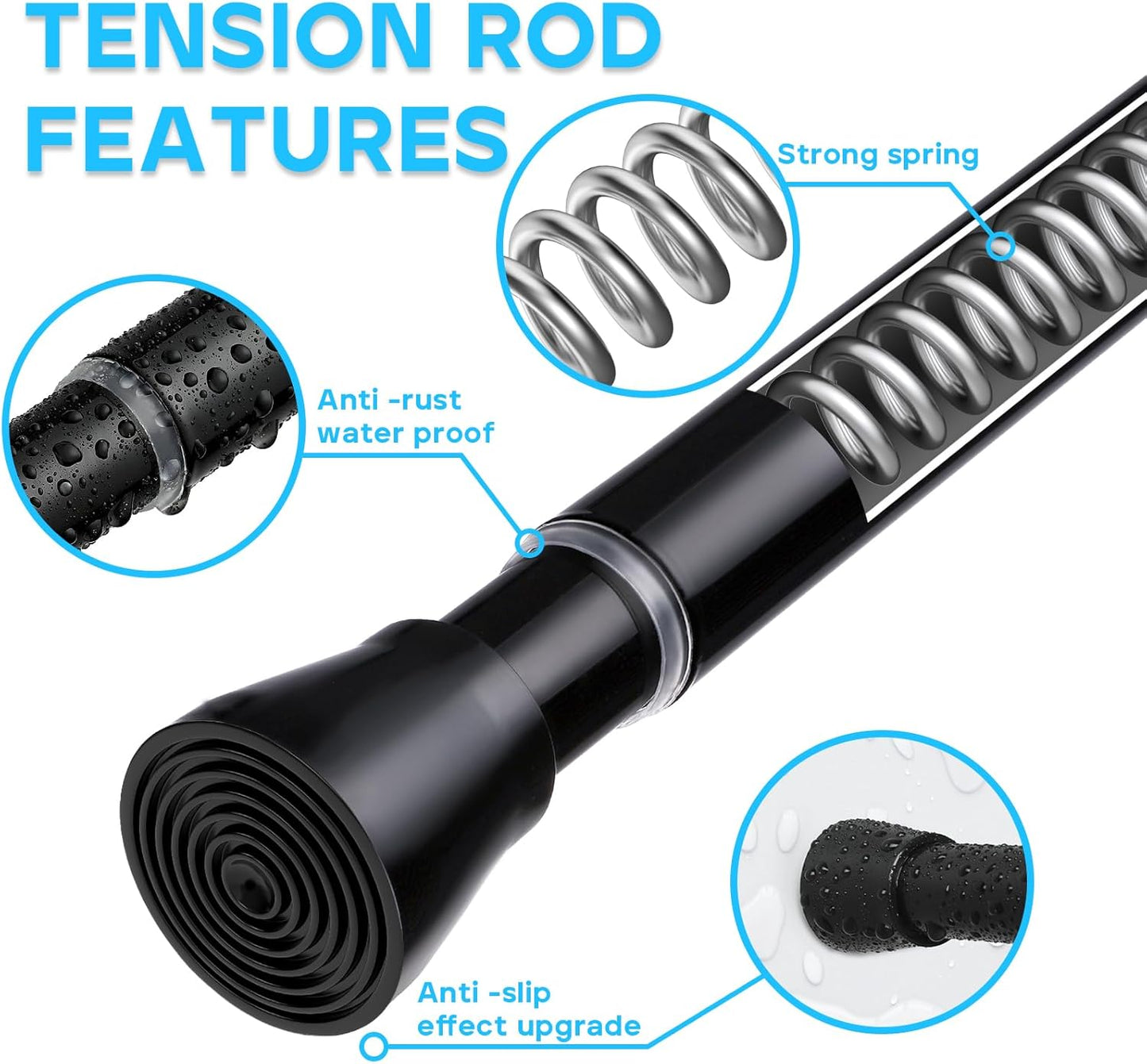 1 Pack Black Shower Curtain Rod 16 To 26 Inch Tension Shower Rod For Bathroom 7/8" Adjustable Spring Curtain Rod No Drilling Spring Rod Black Tension Curtain Rods for Windows Doorway Closet