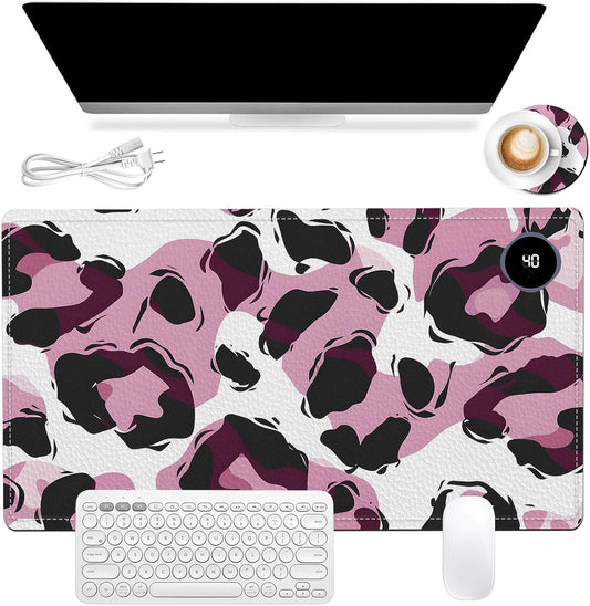 Heated Mouse Pad, Warm Desk Pad, Keyboard Mat 23.6 x 14 Inch Large Size Intelligent Fast Heating, 3 Speed Adjustable, Timed Auto Power Off for Game Office Home, Pink Leopard Print