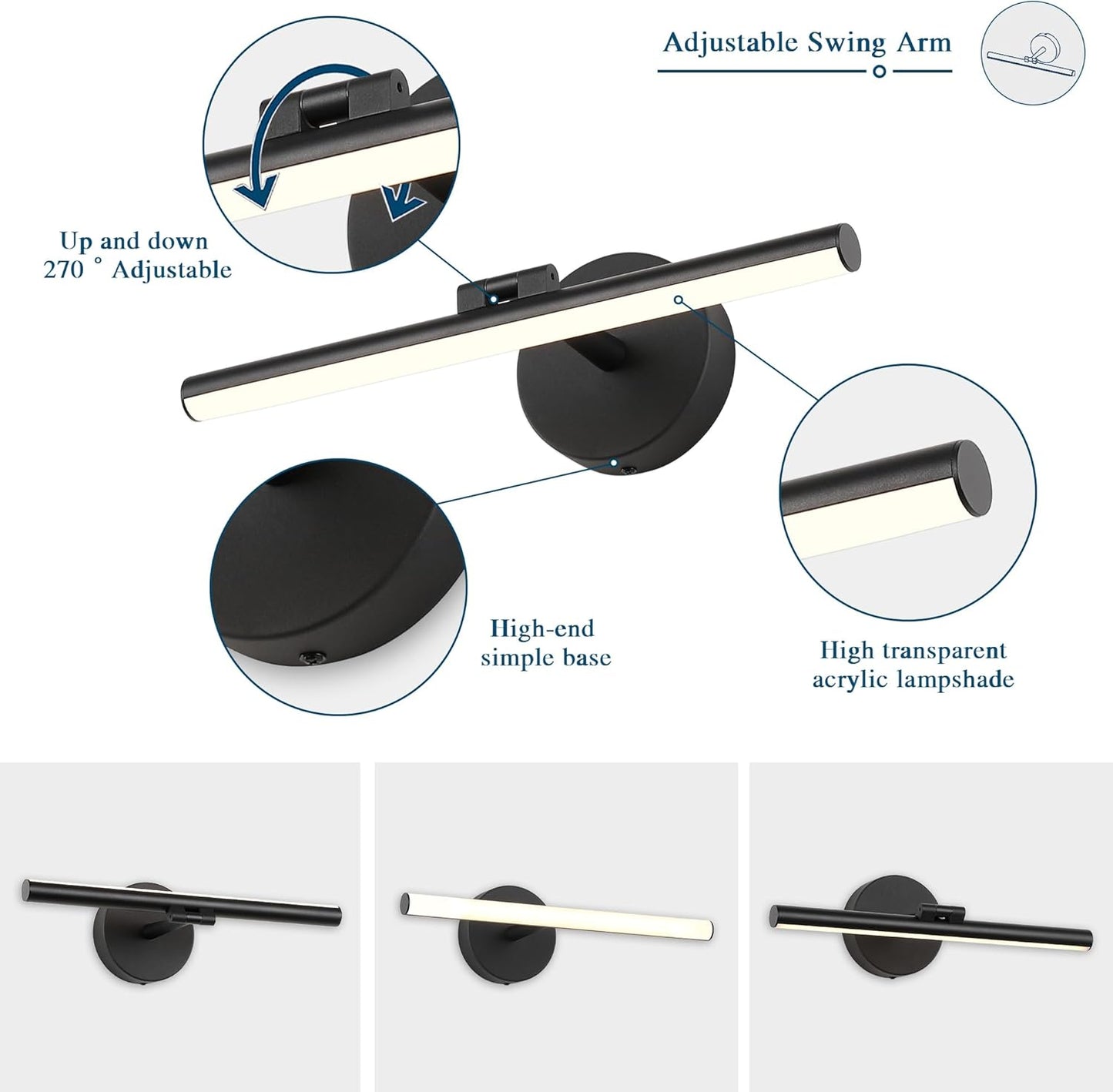 Hardwired Adjustable Lighting Matte Black Modern LED Picture Lights for Paintings 15.7'' Inch Long Swing Arm Metal Art Lights Warm White 3000K