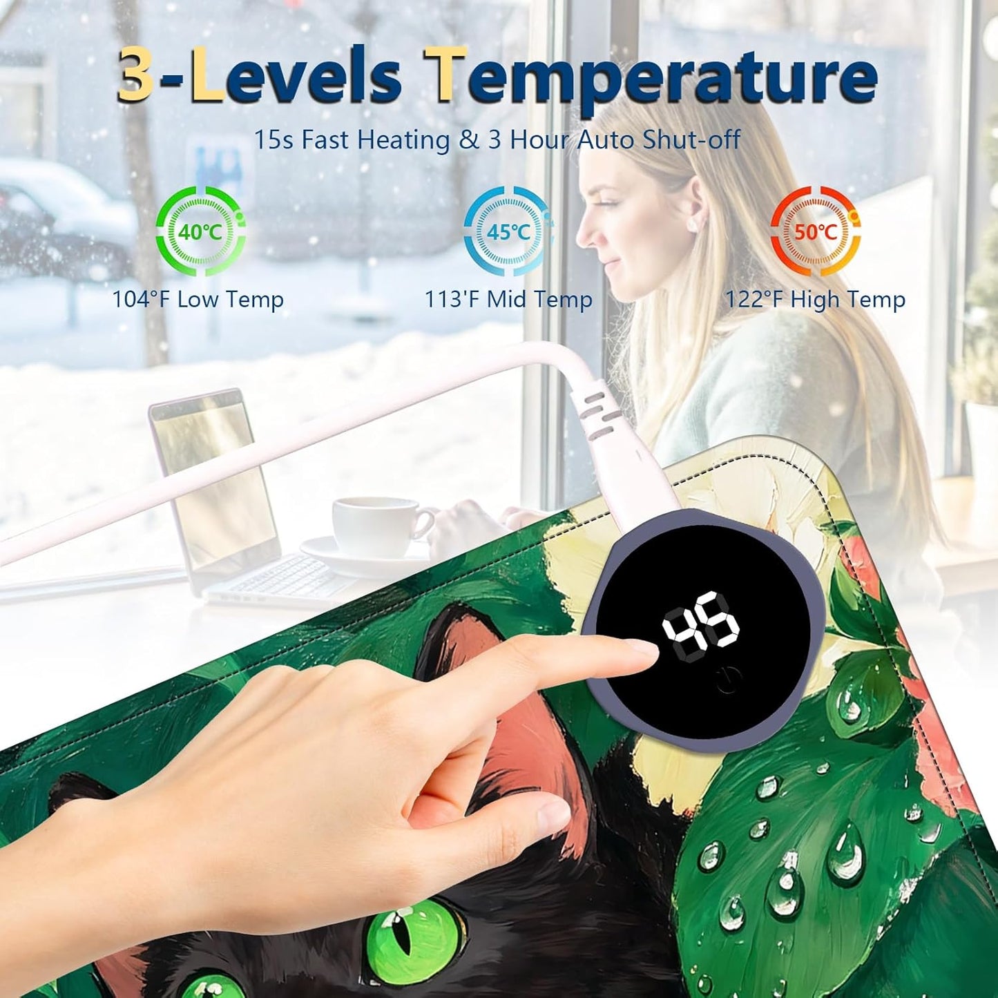 Heated Mouse Pad with 3 Temperature Settings(104°F–122°F),Large 31.5x13 Inch PU Leather Heated Desk Mat,Waterproof Warming Pad for Office,Gaming & Cold Hands Relief,Flower Black Cat Art